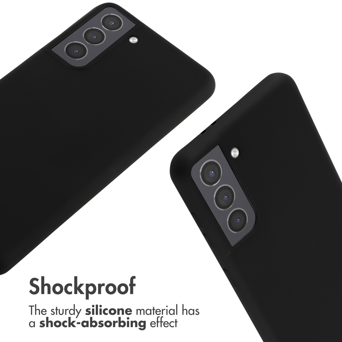 Zwei schwarze Smartphone-Hüllen mit Kameraausschnitt auf weißem Hintergrund und Text über stoßfestes Silikon.