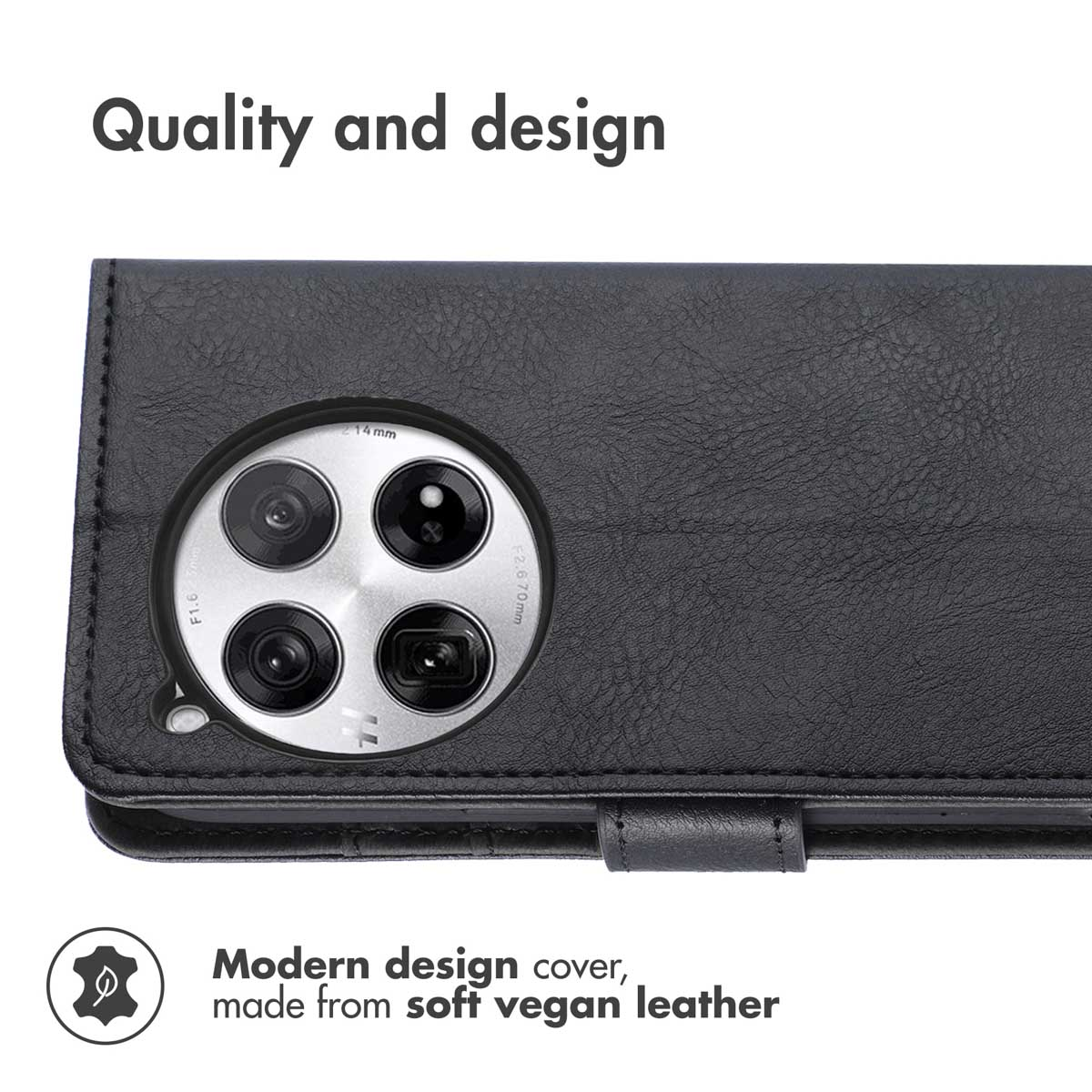 Schwarze Schutzhülle aus veganem Leder mit runder Kameraaussparung.