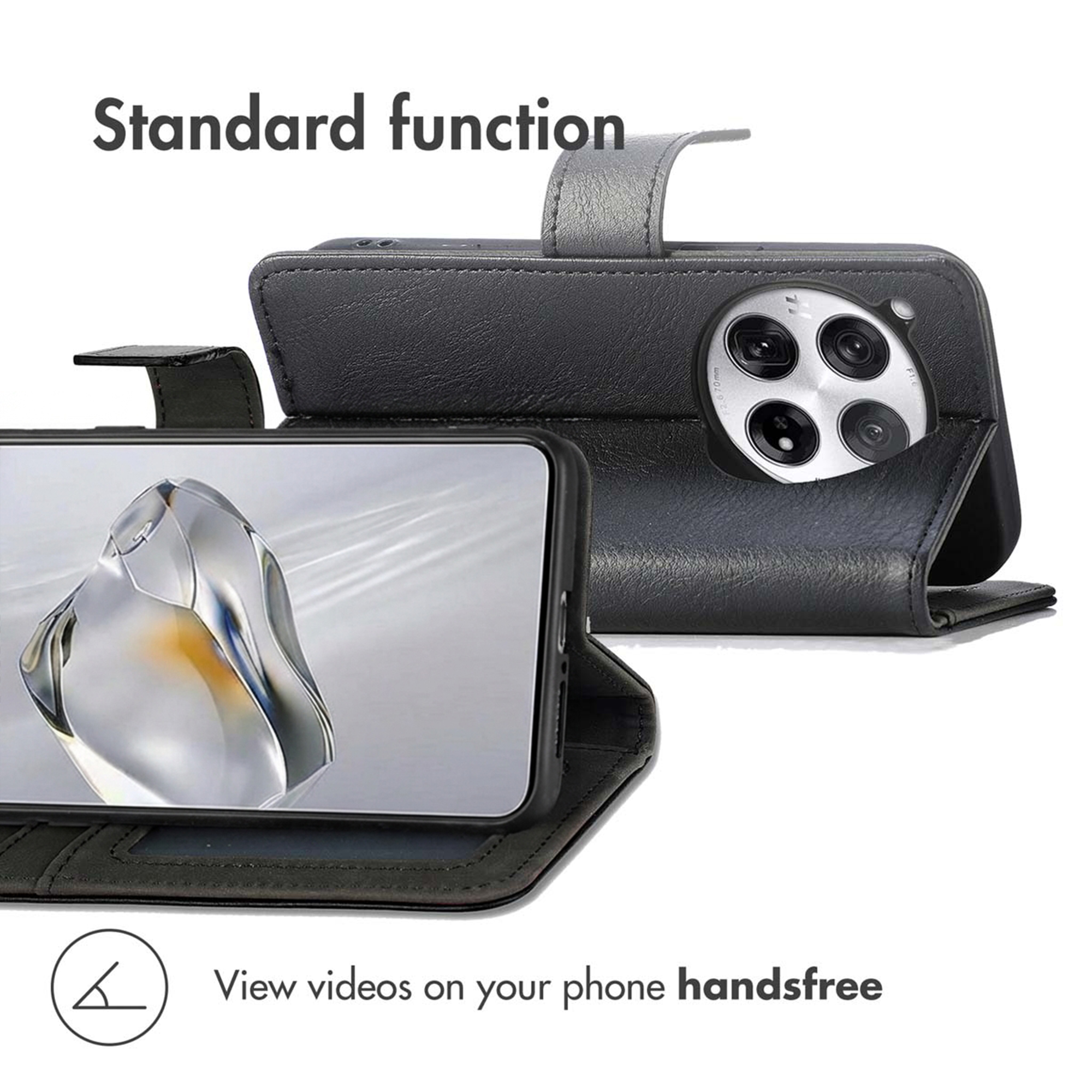 Eine schwarze Leder-Handy-Brieftasche ist von vorne und hinten zu sehen und hält ein Smartphone mit Kristallgrafik.