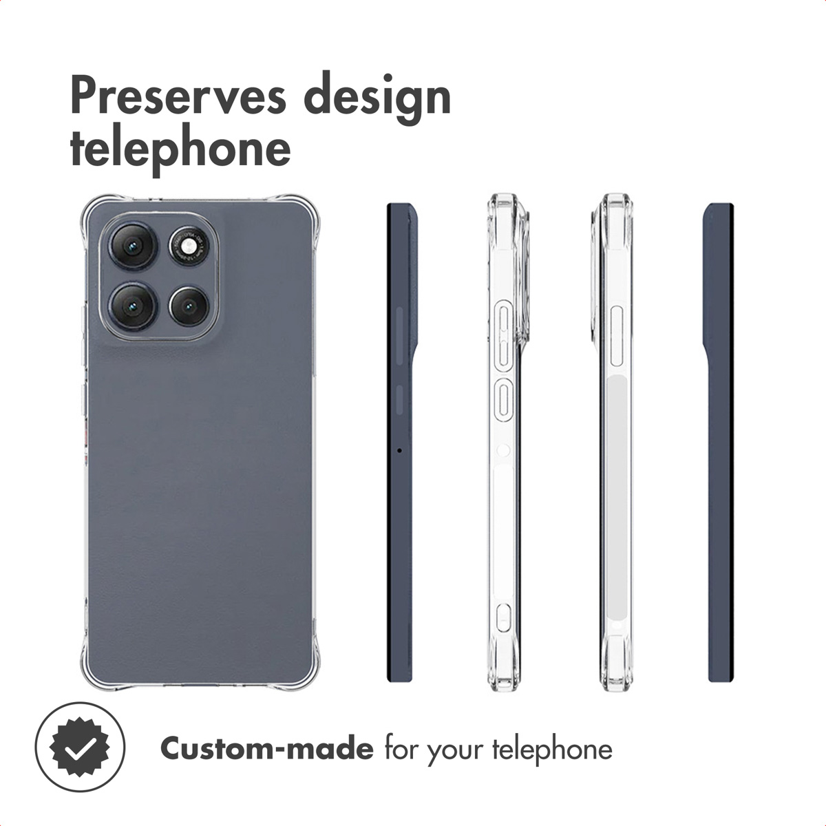 Una cover per smartphone mostra viste posteriori e laterali con il testo 'Preserves design telephone'.