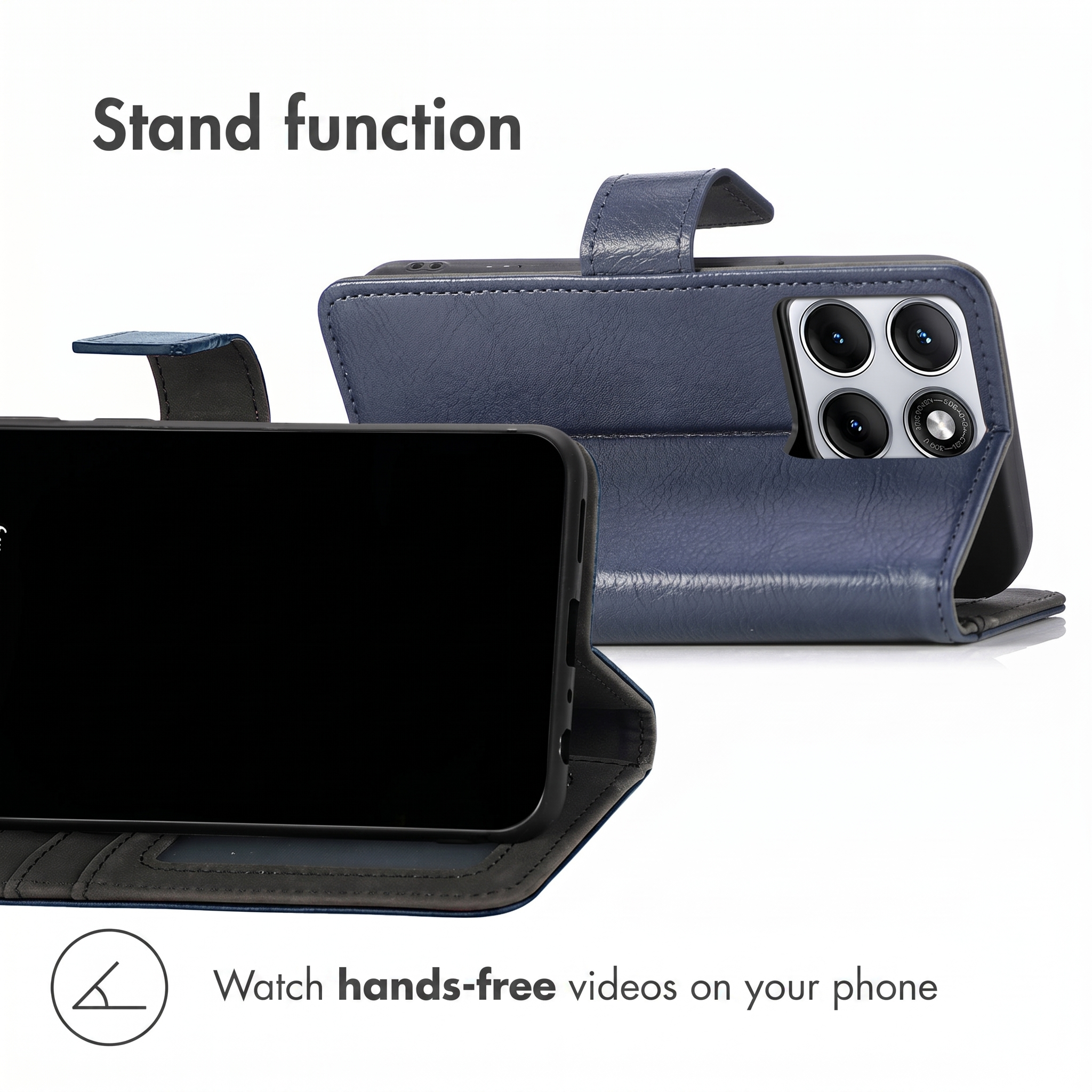 Blue leather phone case with stand function, showing front and back with cameras.