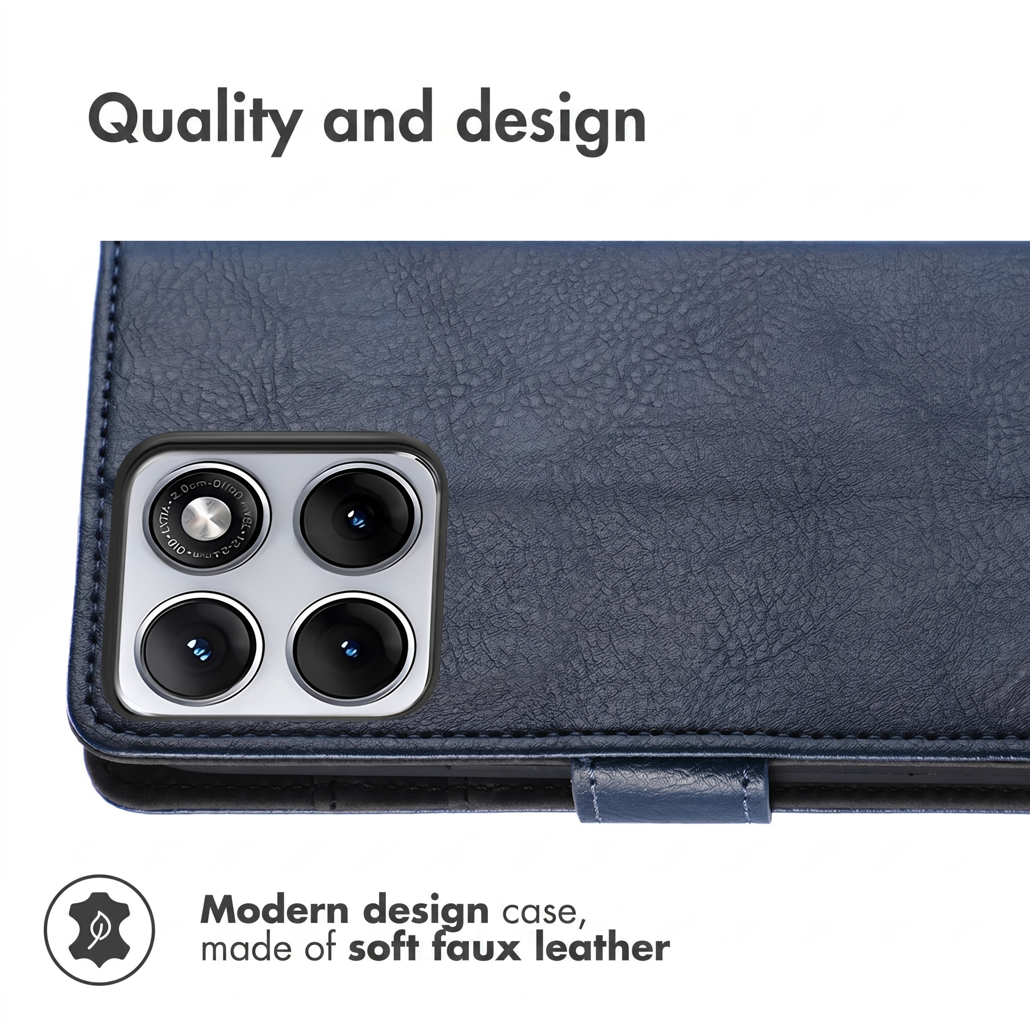 Blue faux leather phone case featuring a square camera module with four lenses.