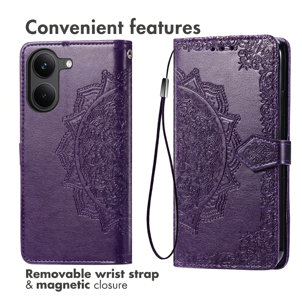 Étui portefeuille violet pour téléphone avec motif mandala, dragonne et fermeture magnétique.