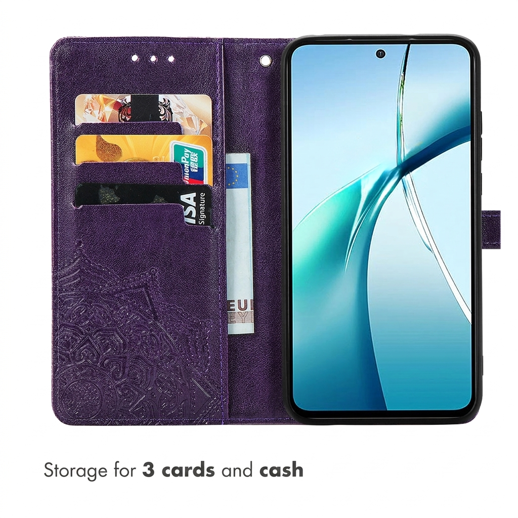 Étui portefeuille violet avec gaufrage mandala, trois fentes pour cartes, poche billets et smartphone.