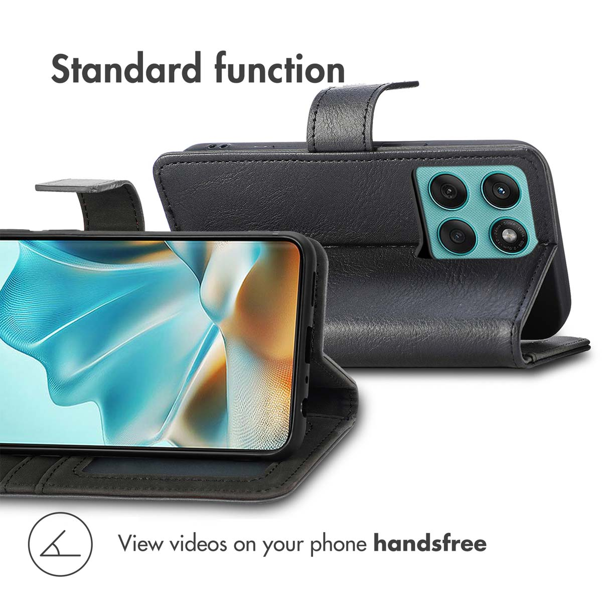 Custodia per telefono in pelle nera con funzione di supporto per video.