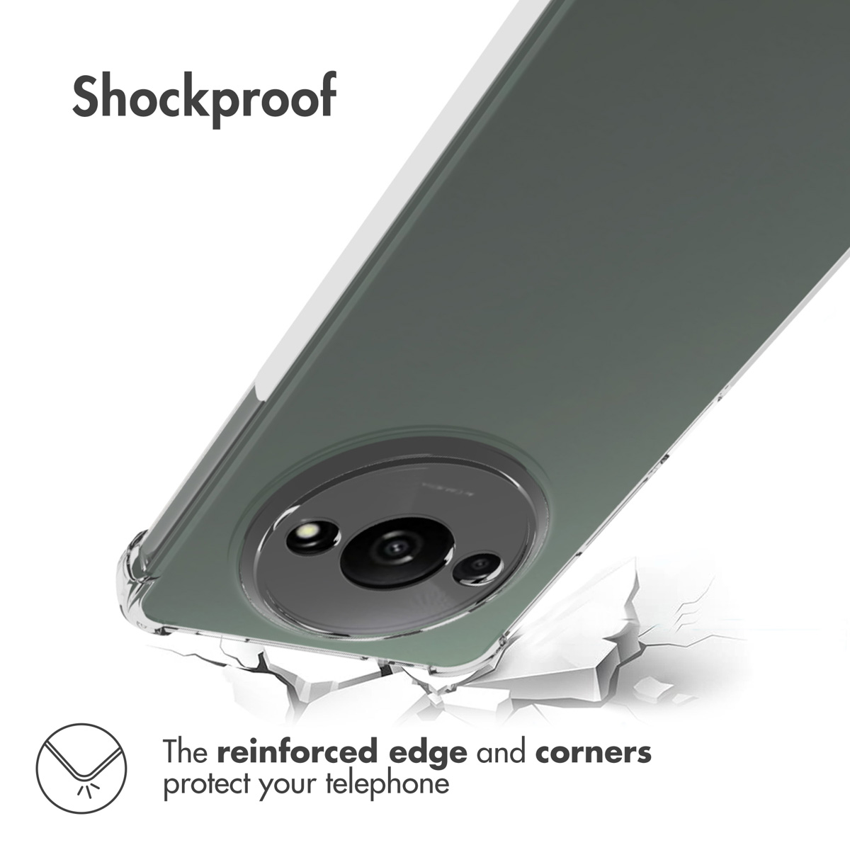 Protección a prueba de golpes para tu smartphone con bordes y esquinas reforzados sobre fondo blanco.