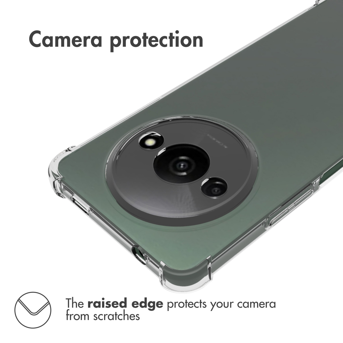 Un smartphone verde con una funda transparente muestra el borde elevado alrededor de la cámara.