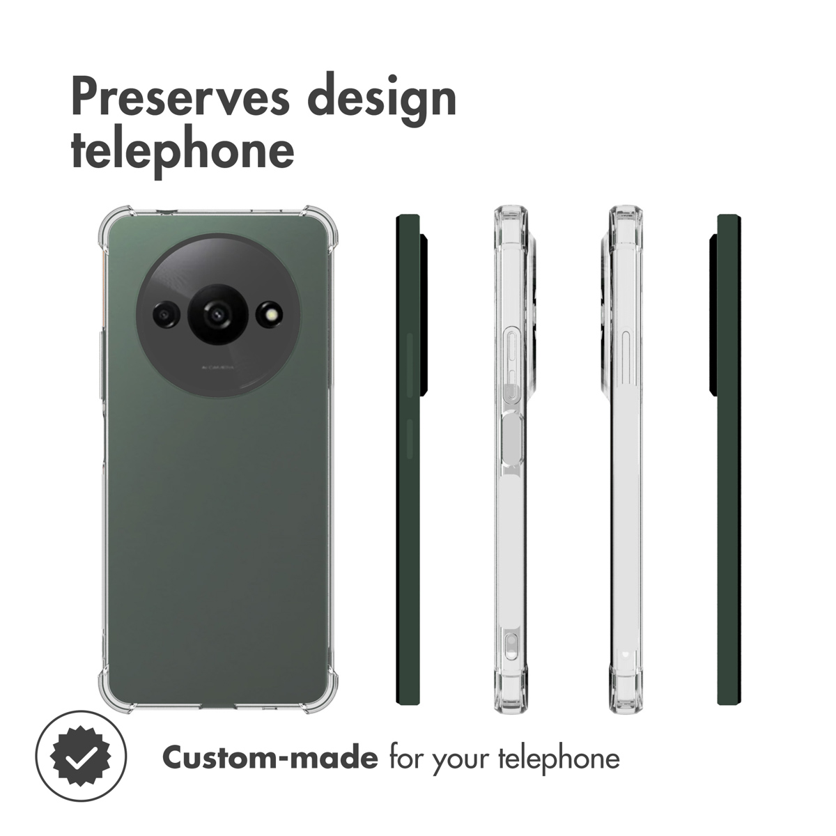 Funda verde con cámara redonda y bordes transparentes mostrada desde cuatro lados.