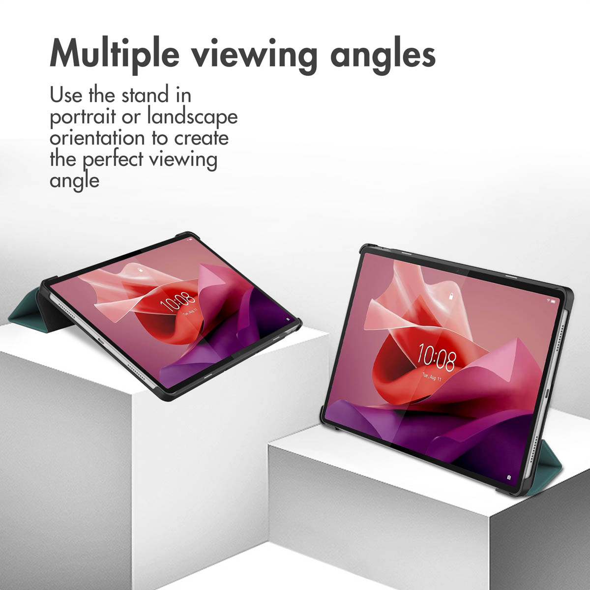 Two tablets in cases on white stands, showing multiple viewing angles.