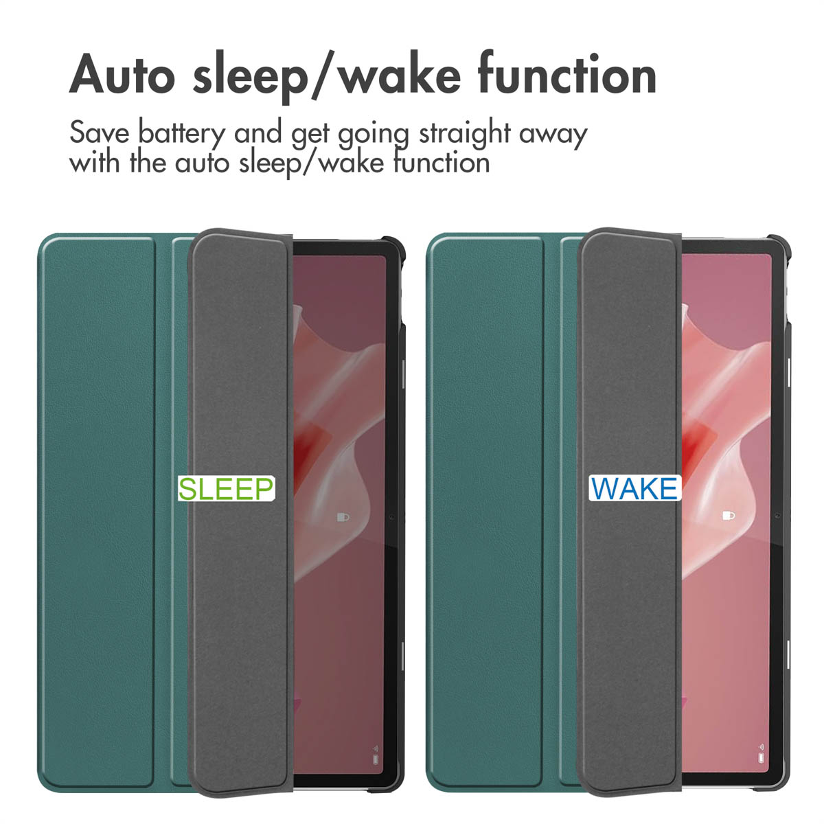 Tablet in green case demonstrating auto sleep and wake function.