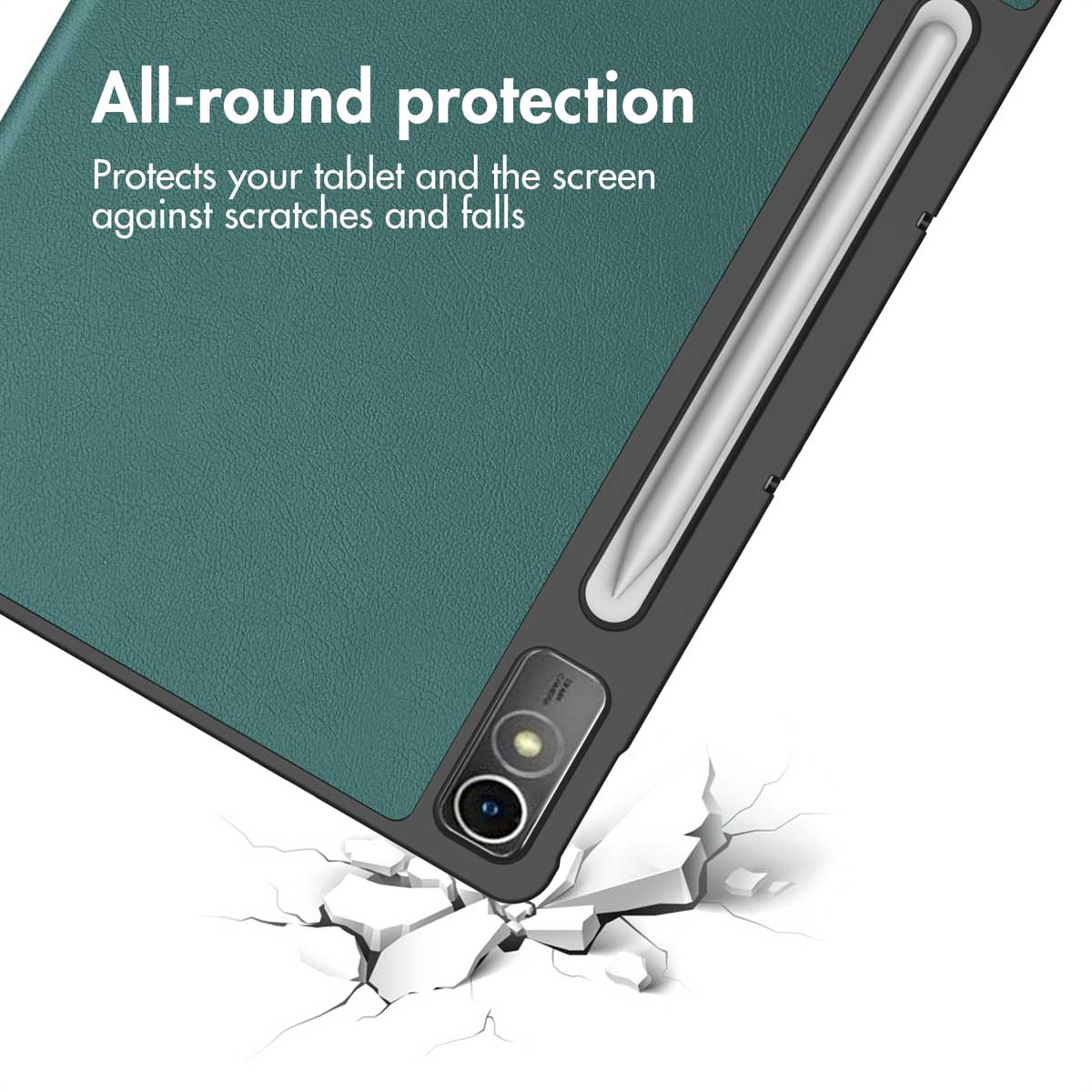 Green tablet case with stylus holder and camera cutout, above cracked white background.