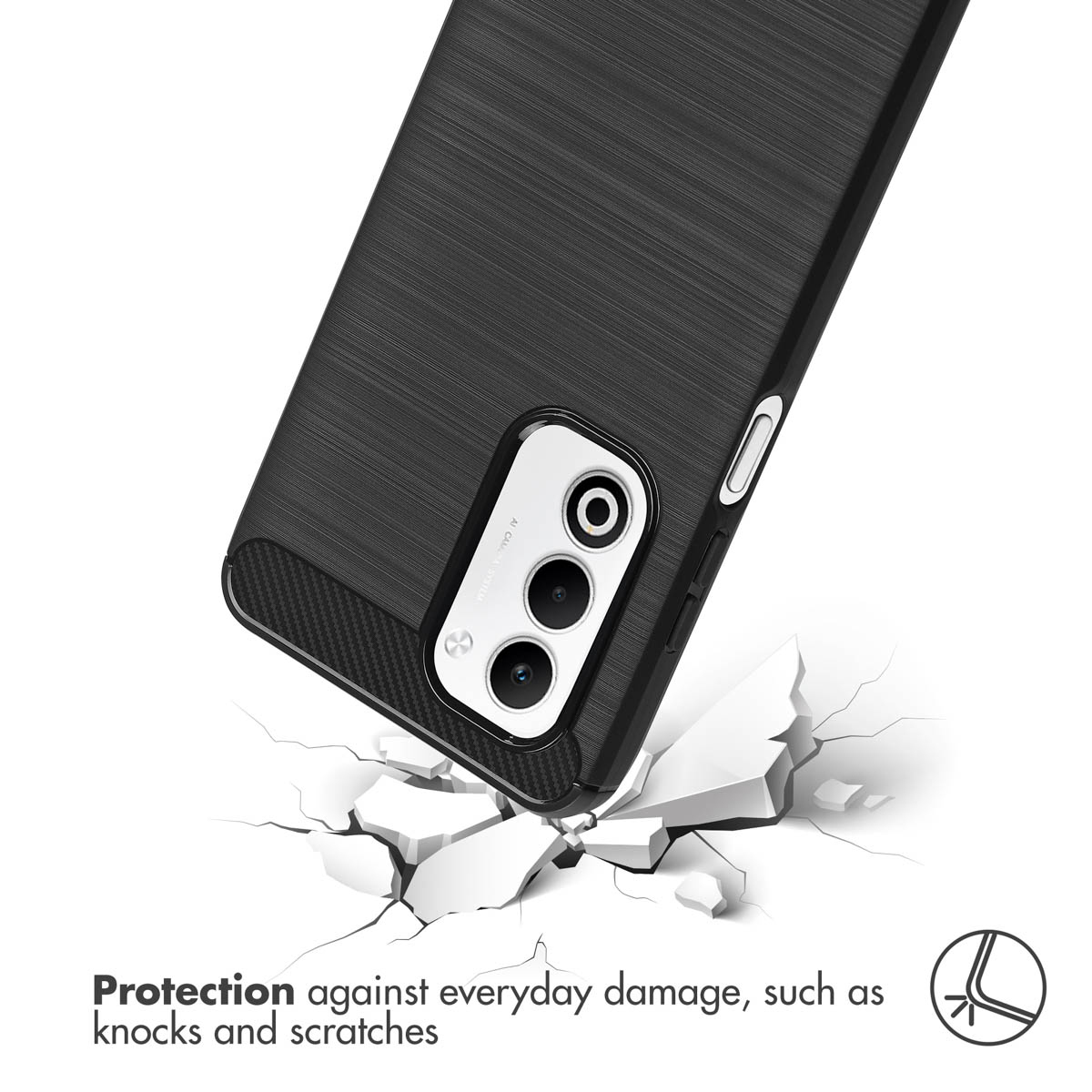Cover per smartphone nera che rompe superficie bianca fratturata, protezione danni.