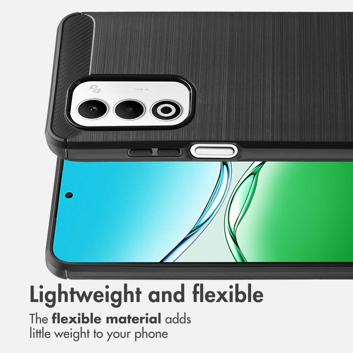 Custodia per telefono nera con texture in metallo spazzolato su uno smartphone.