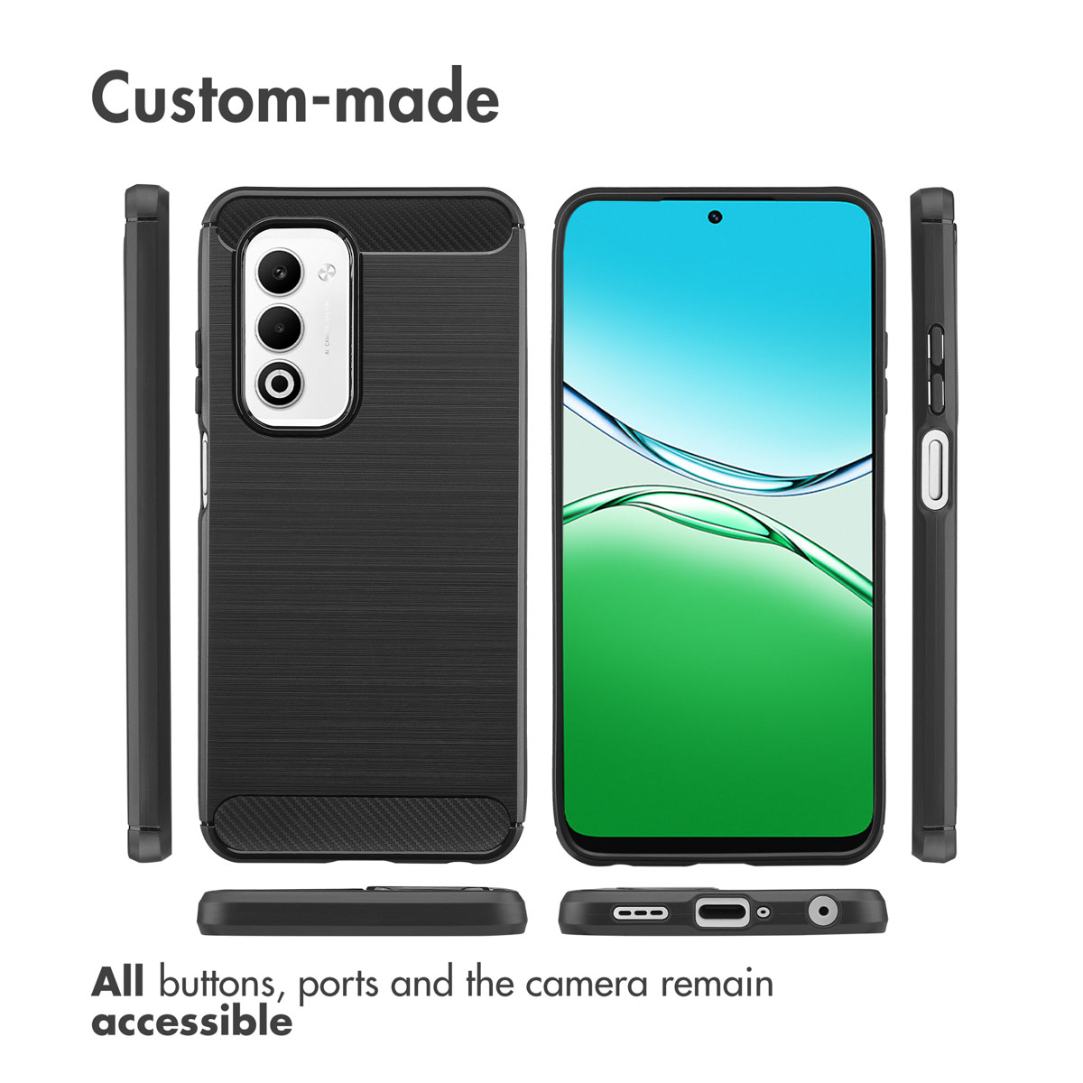 Molteplici viste di una custodia nera per smartphone con texture spazzolata e porte accessibili.