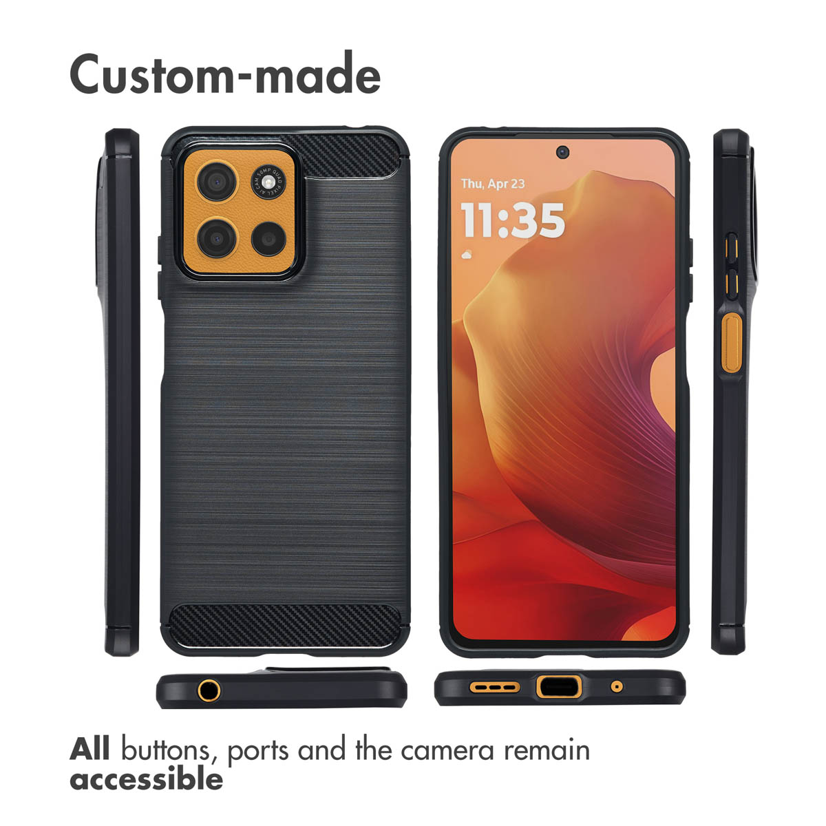 Varie viste di una cover per smartphone nera con modulo fotocamera arancione e tasti accessibili.