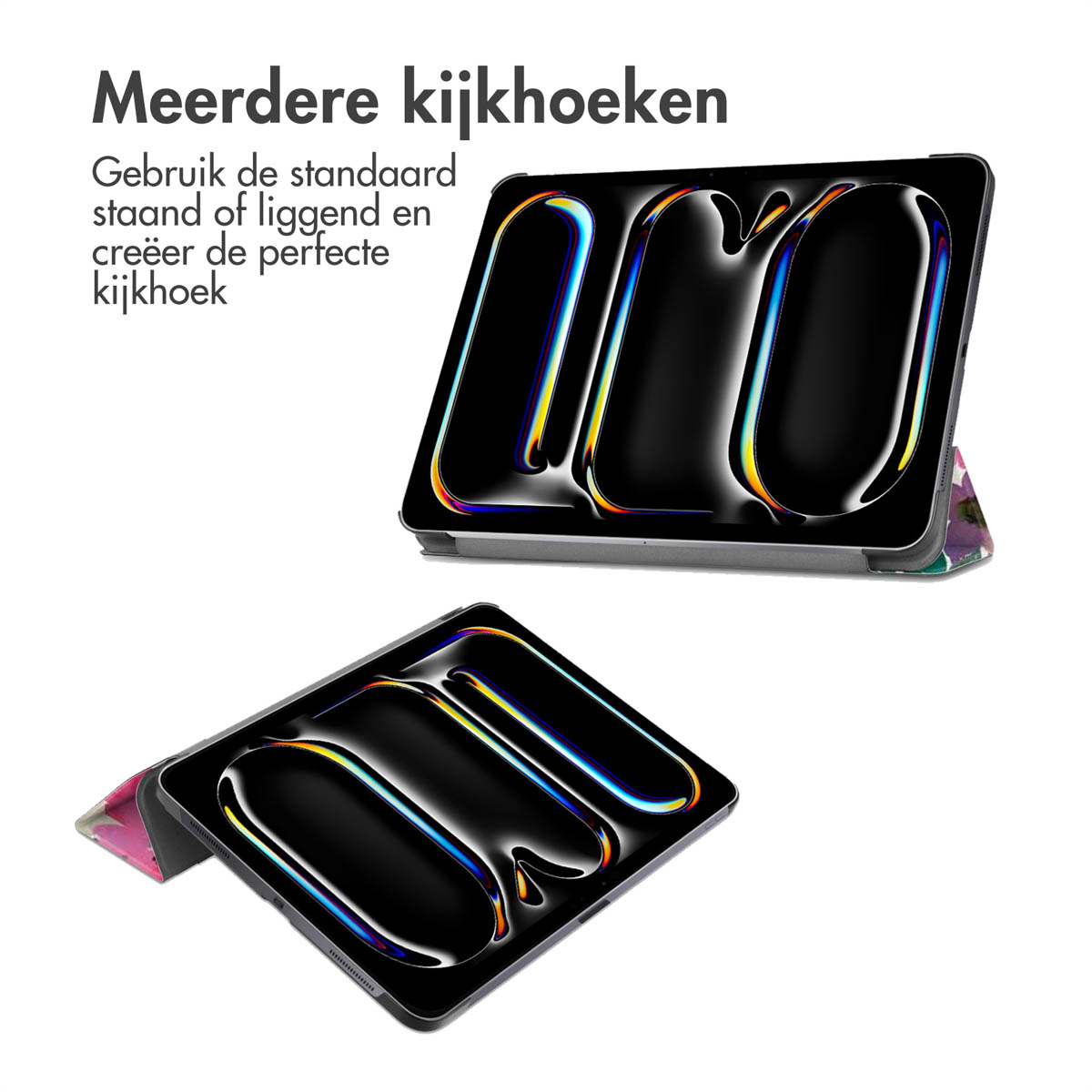 Twee tablets in portret en landschap met kleurrijke patronen, vergezeld van Nederlandse tekst.