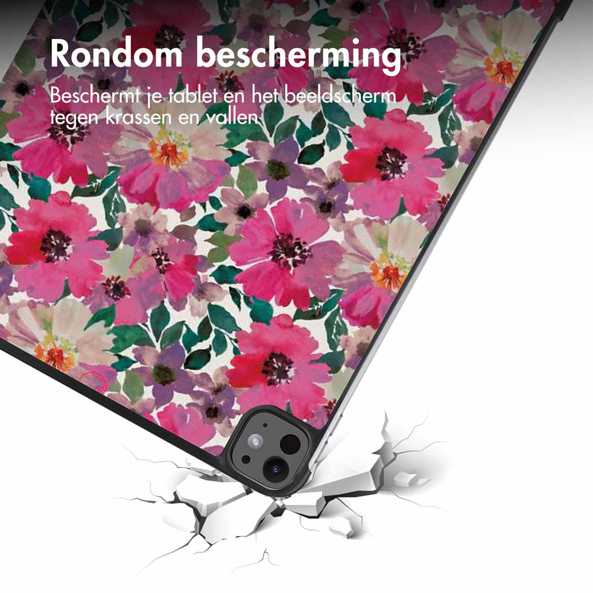 Tablethoes met kleurrijke bloemen, Nederlandse tekst en een gebarsten ondergrond.