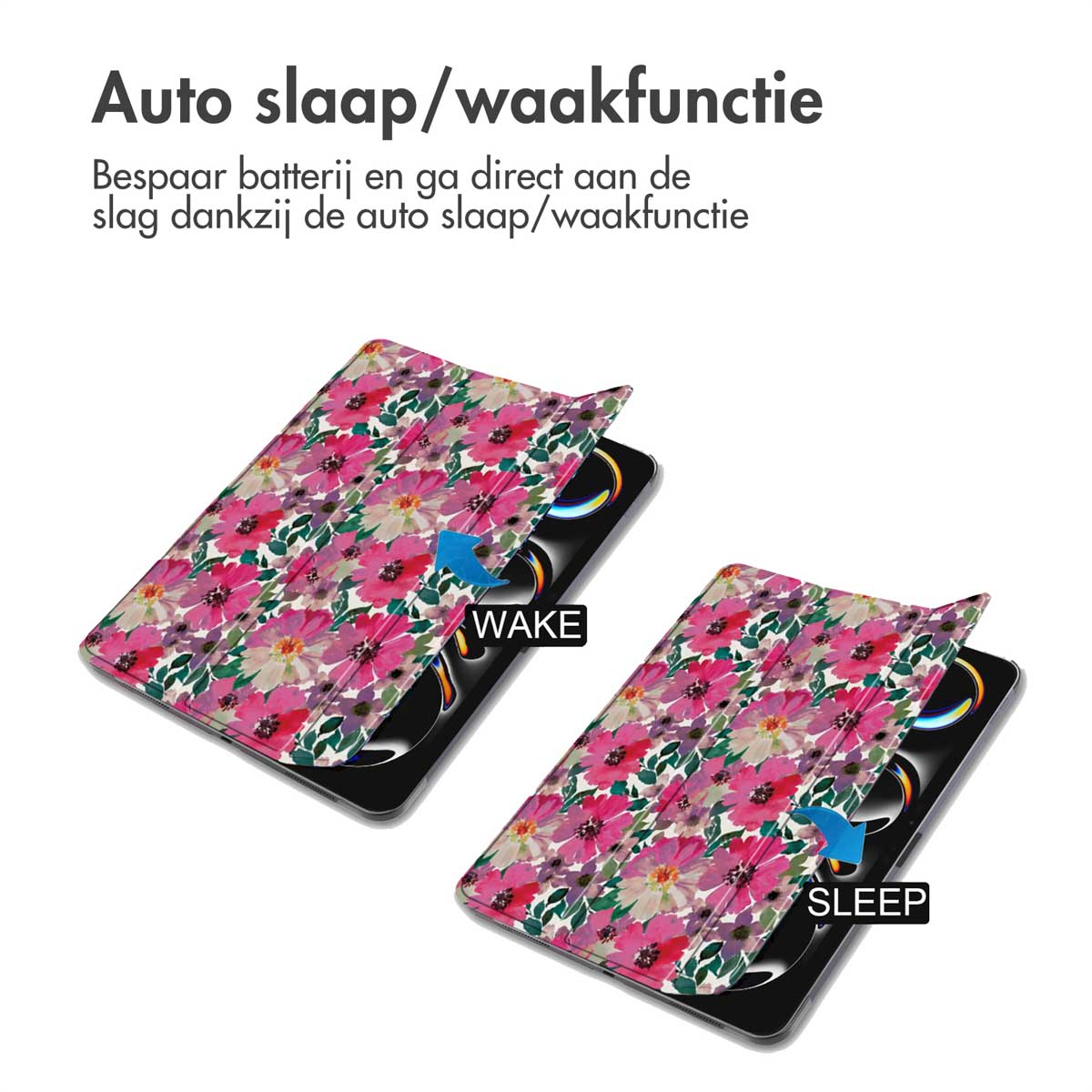 Een tablet met een florale beschermhoes toont de auto slaap- en waakfunctie met blauwe pijlen.