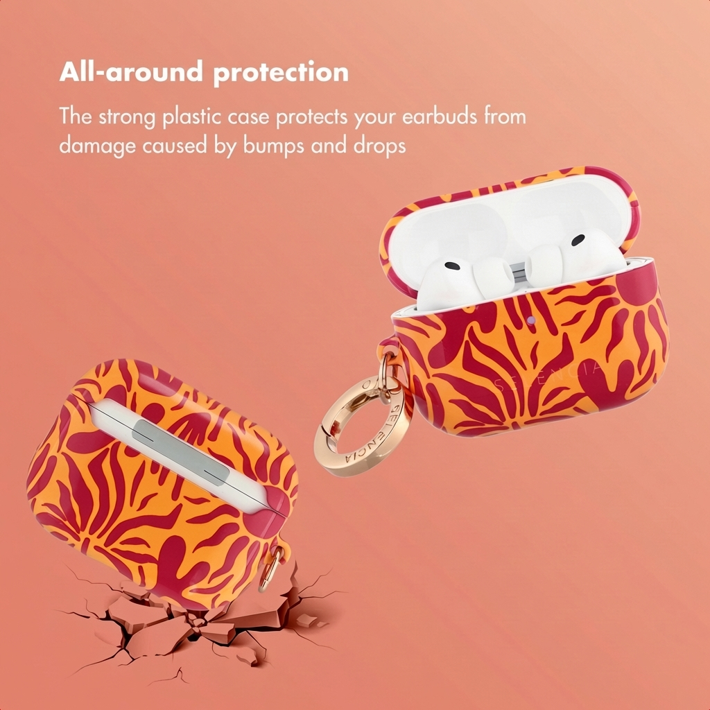 Dos fundas para AirPods con patrón rojo y naranja sobre fondo naranja, una abierta con auriculares.