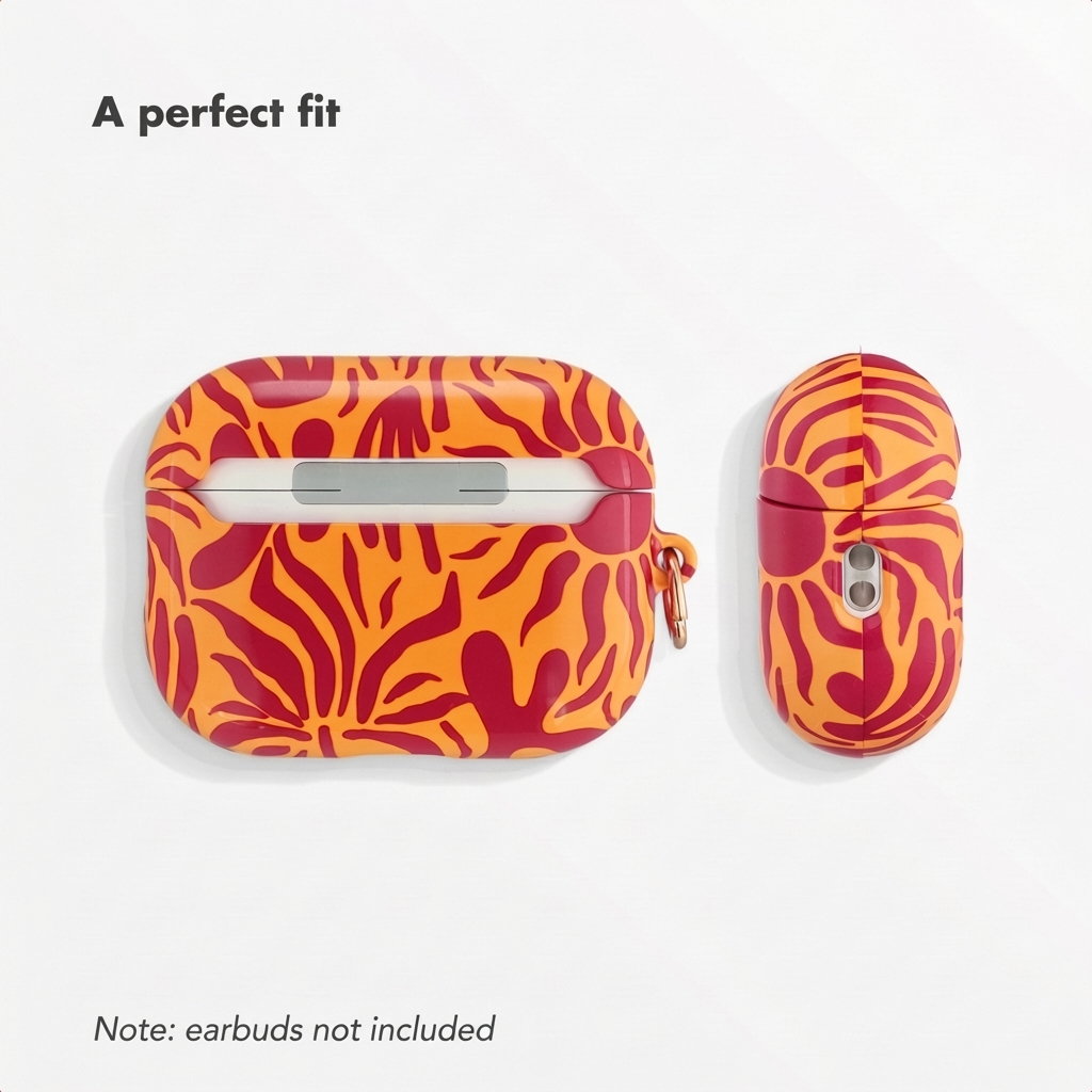 Una funda para AirPods con patrón naranja y rojo mostrada de frente y de lado.