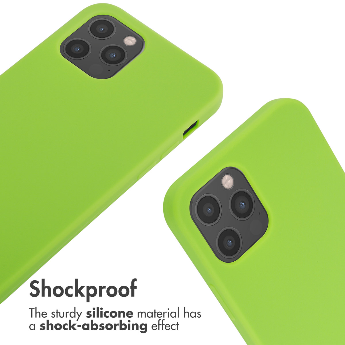 Deux coques de smartphone en silicone vert avec découpe pour appareil photo sur fond blanc et texte.