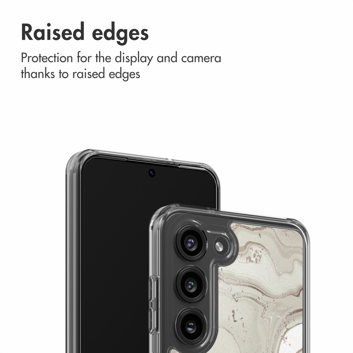 Los bordes elevados protegen la pantalla y la cámara. La funda tiene un diseño de mármol blanco y gris.