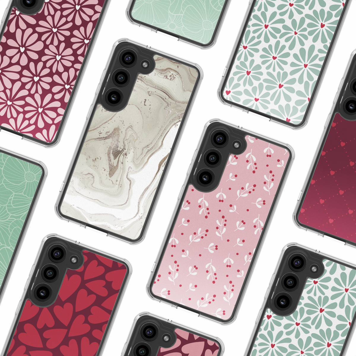 Varios teléfonos inteligentes con fundas estampadas coloridas sobre fondo blanco.