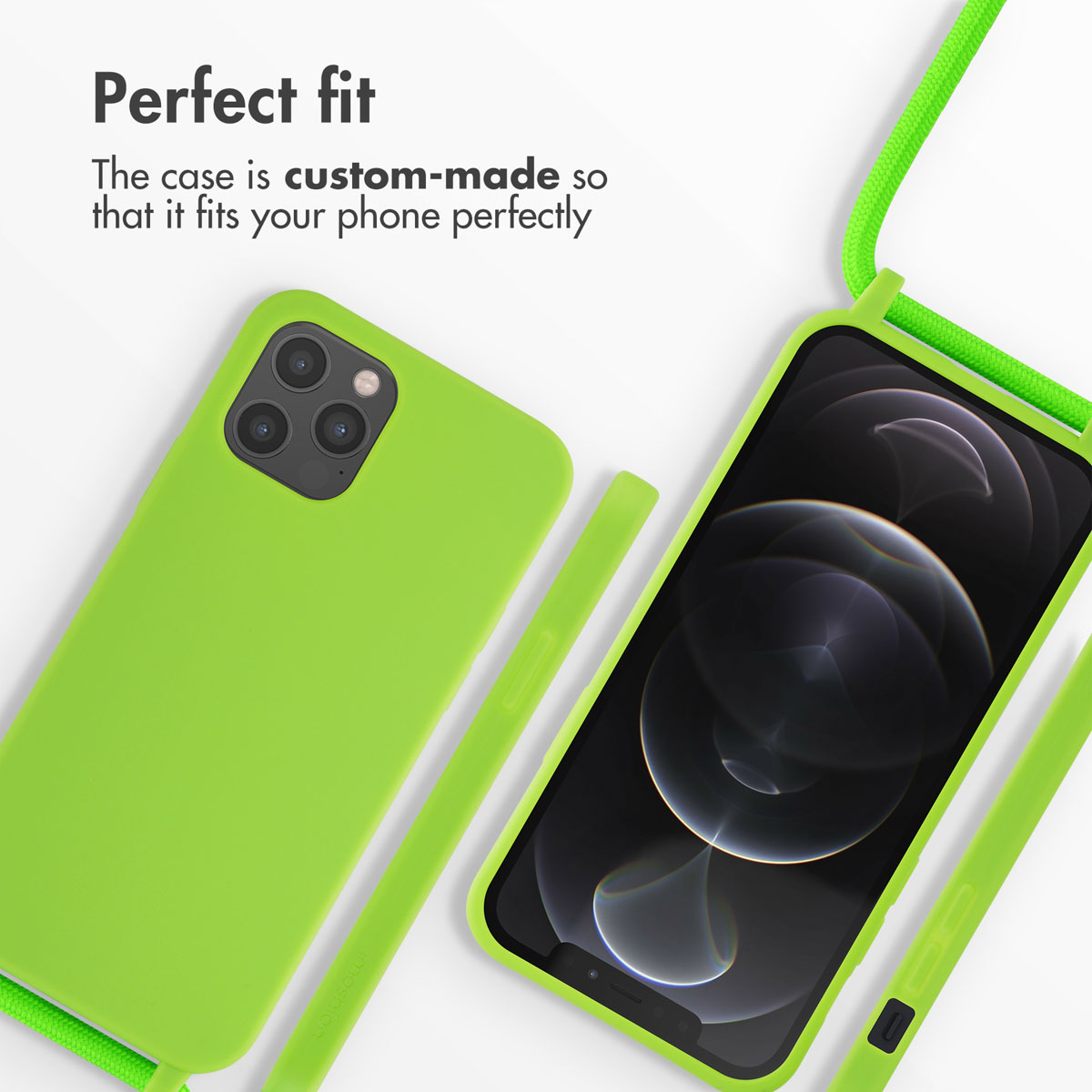 Coque de téléphone vert vif avec lanière et smartphone sur fond clair.
