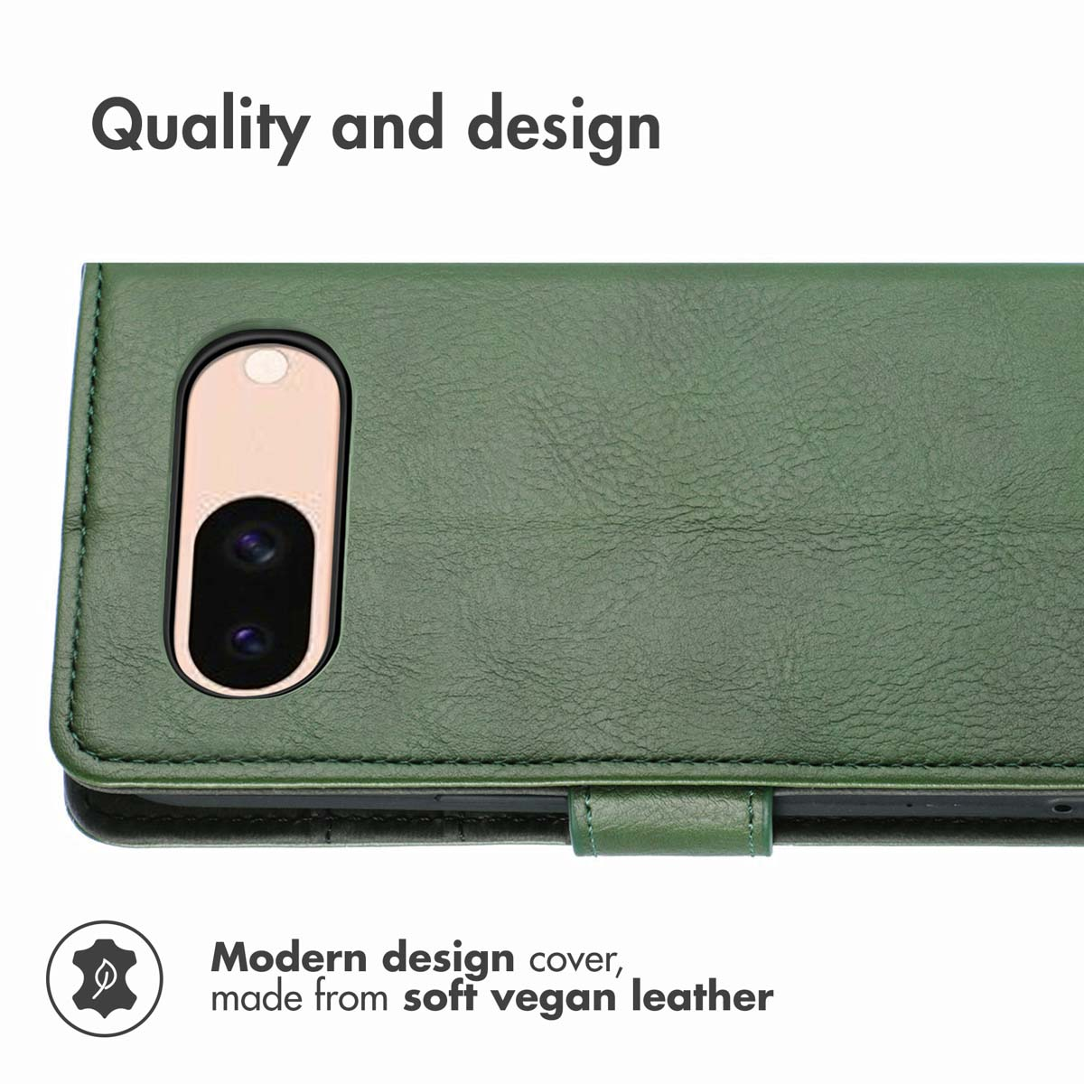 Custodia per telefono in pelle vegana verde con ritaglio per fotocamera e testo.