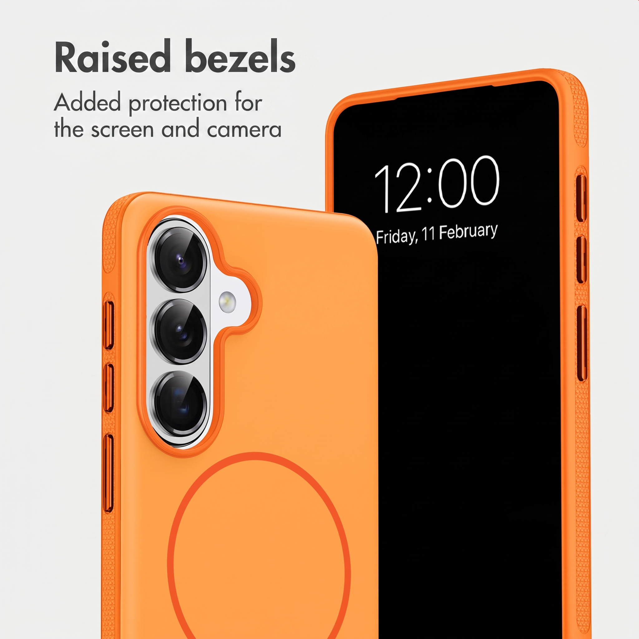 Ein orangefarbenes Smartphone mit Schutzhülle zeigt erhöhte Ränder für Bildschirm- und Kameraschutz.
