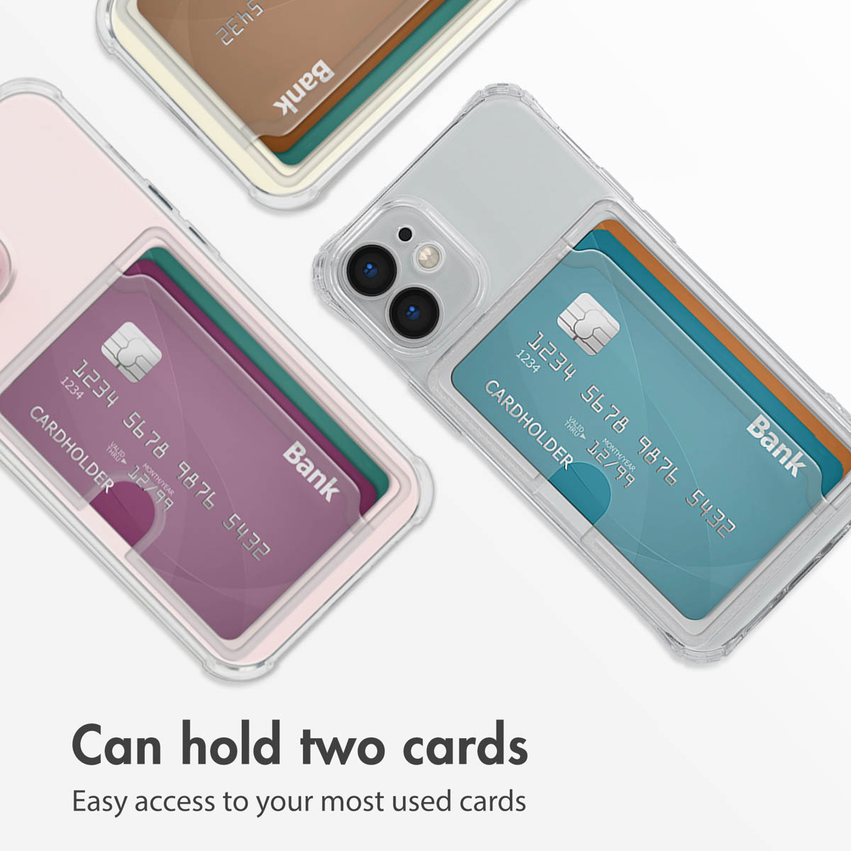 Fundas transparentes para teléfonos con ranuras para dos tarjetas bancarias cada una.