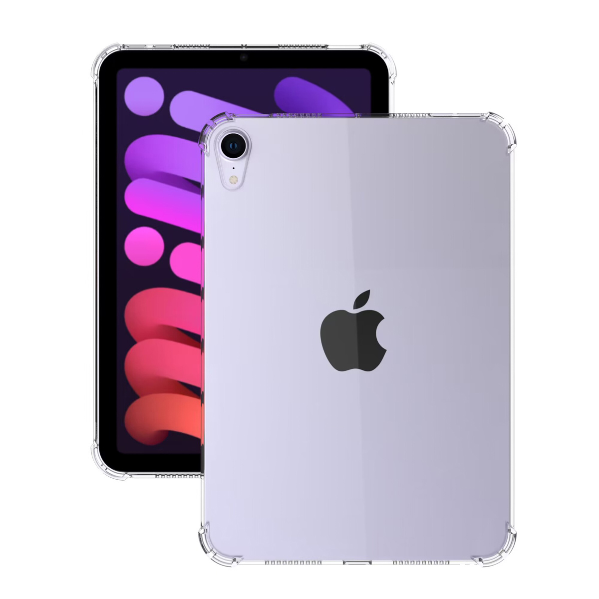 Un tablet viola in una custodia trasparente, con il logo sul retro e grafica astratta sullo schermo.