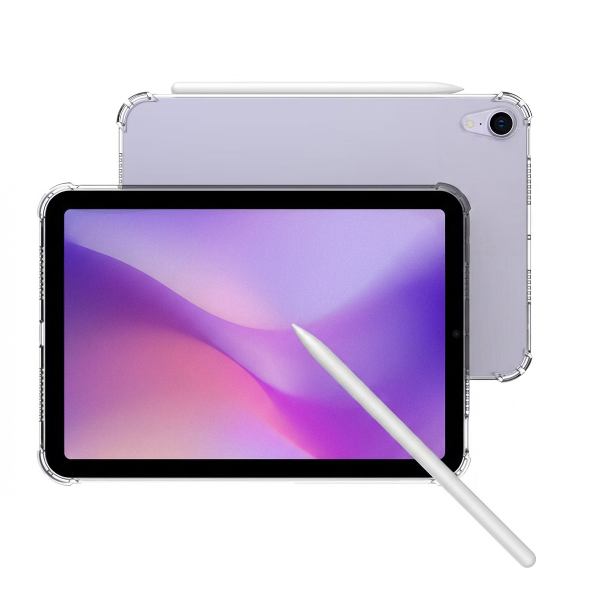 Un tablet viola chiaro con custodia trasparente, schermo colorato e penna stilo bianca.