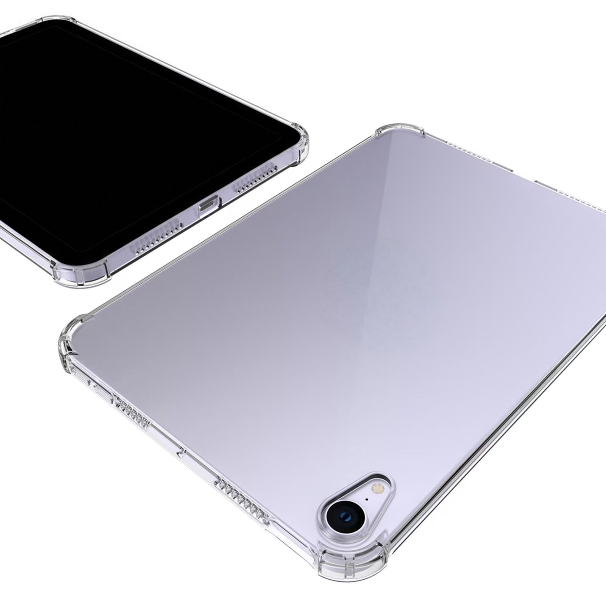 Due tablet argentati con custodie protettive trasparenti su sfondo bianco.