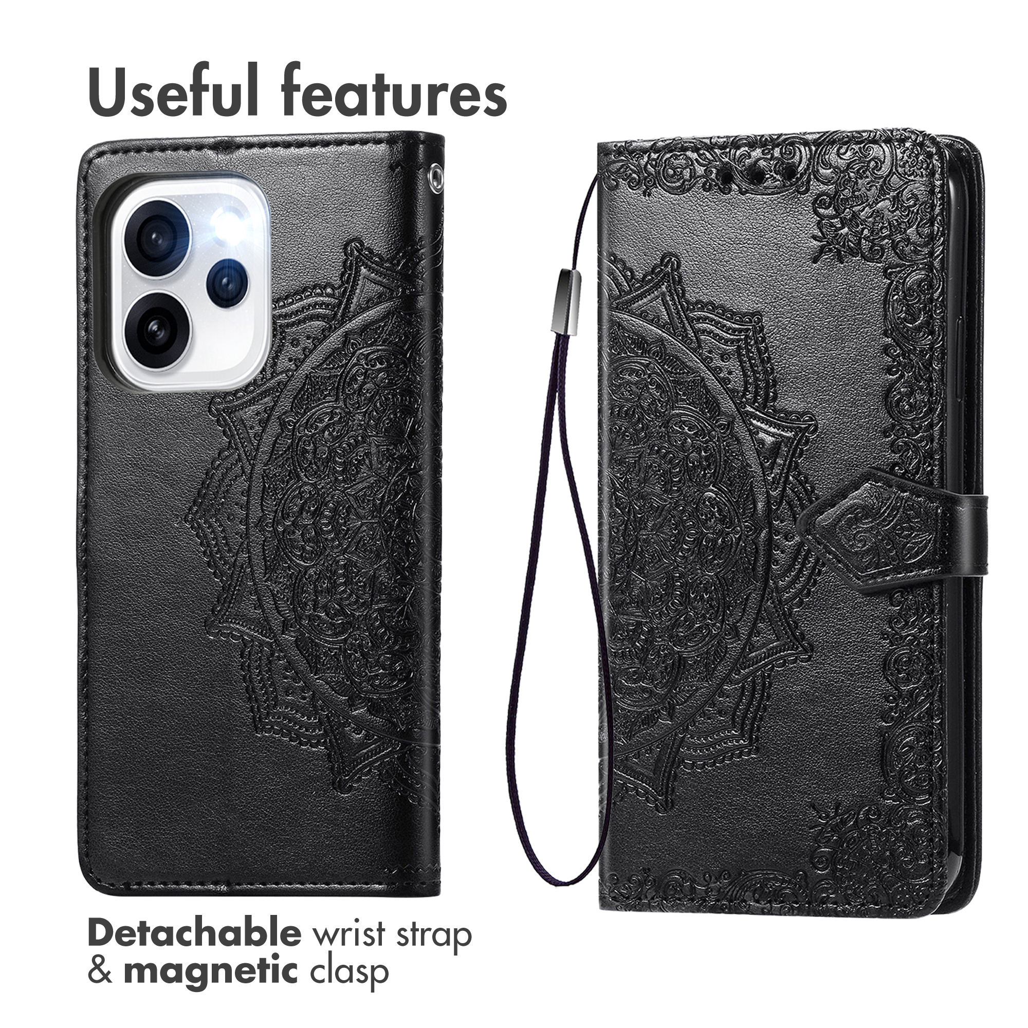 Custodia per telefono in pelle nera con motivo mandala impresso, laccetto e chiusura magnetica.
