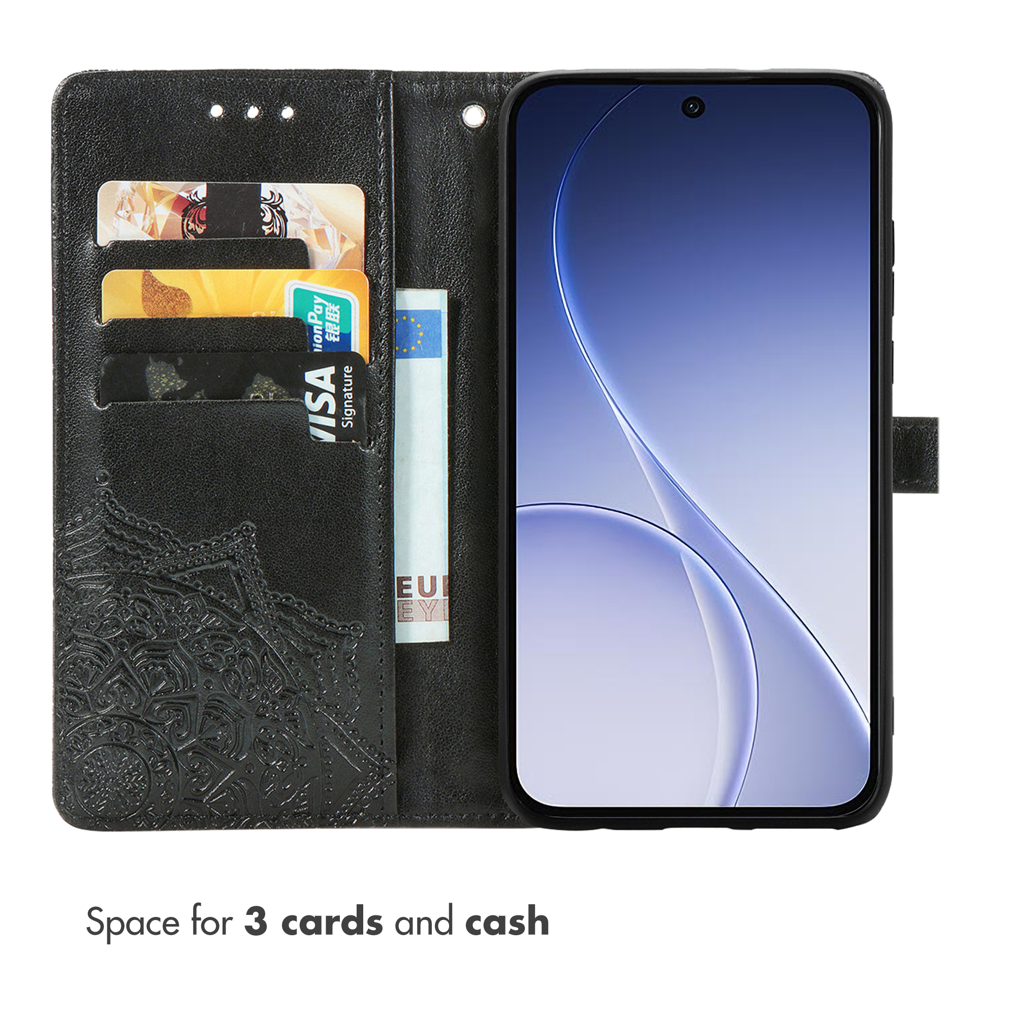 Una custodia a portafoglio in pelle nera per smartphone con tre tasche per carte e contanti.