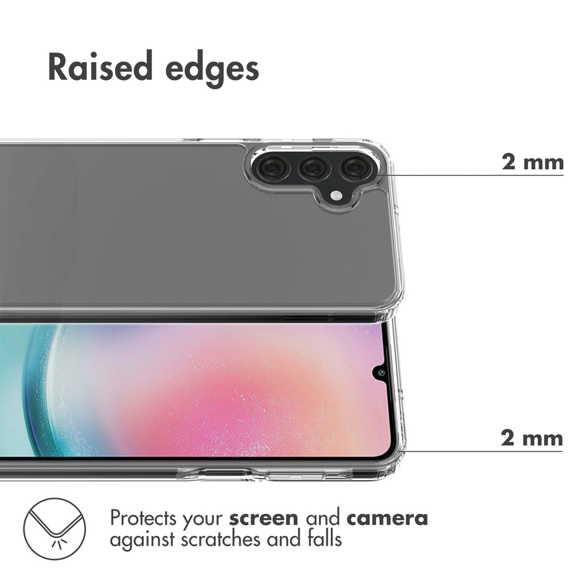 Transparente Handyhülle mit 2 mm erhöhten Kanten zum Schutz von Bildschirm und Kamera.