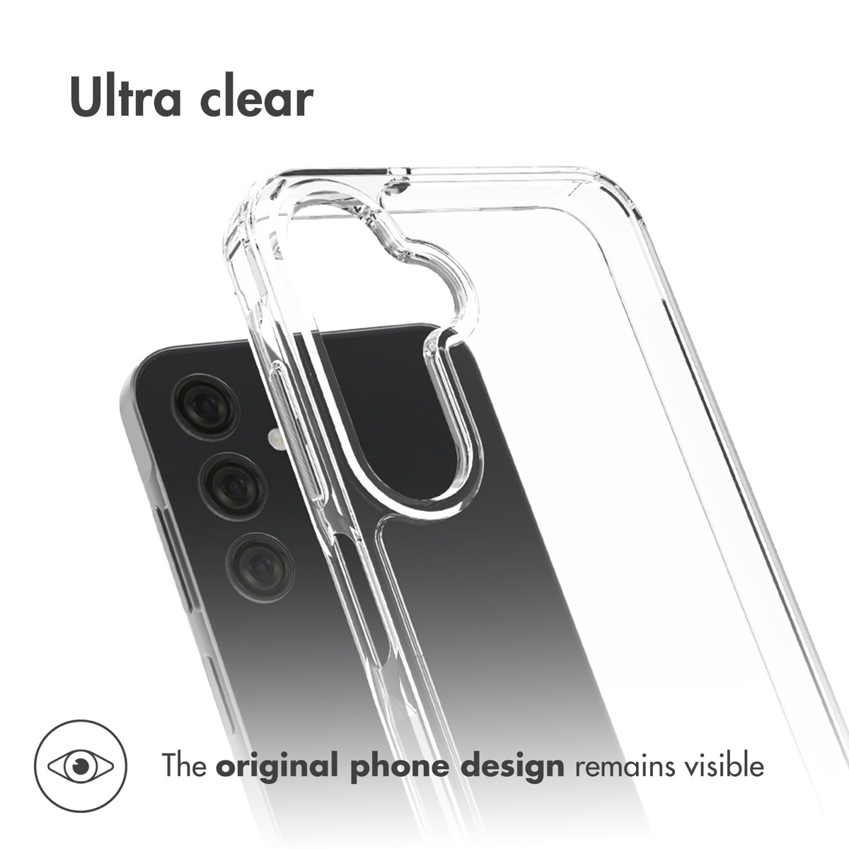 Eine transparente Handyhülle zeigt die Rückseite eines schwarzen Smartphones mit drei Kamerallinsen.