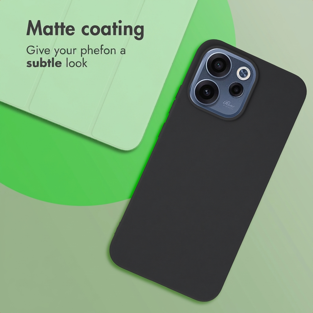 Un smartphone negro con funda mate y cámara sobre fondo verde.