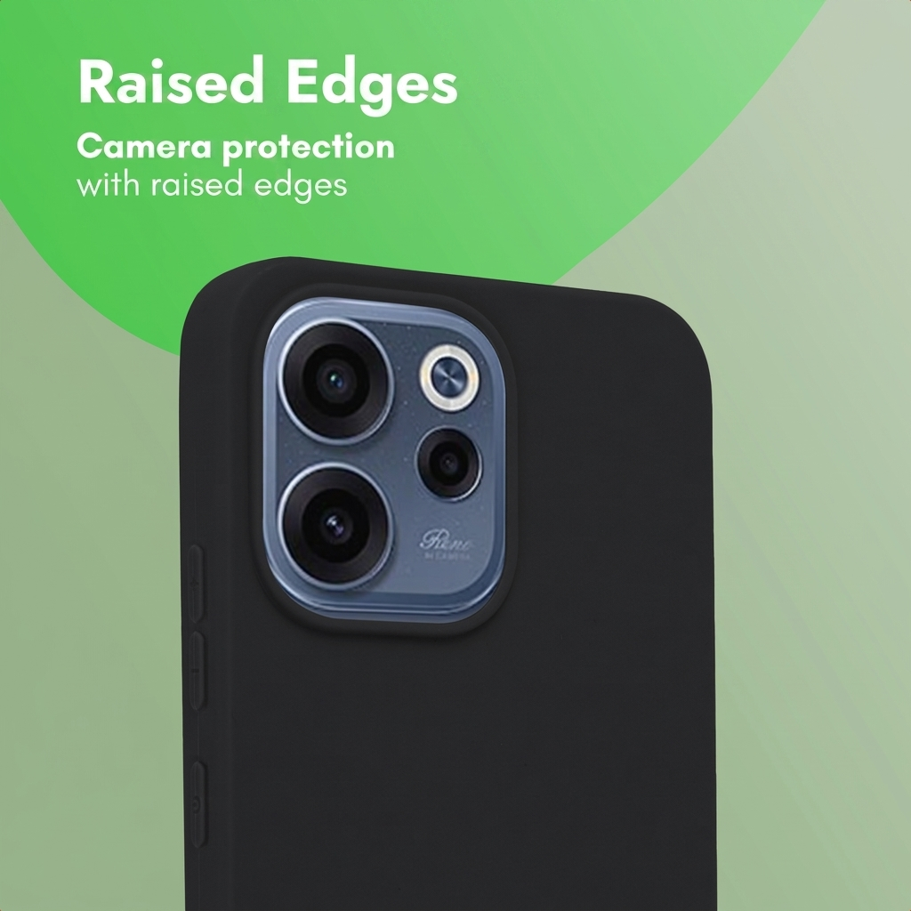 Primer plano de una funda de móvil negra con bordes elevados alrededor de la cámara.