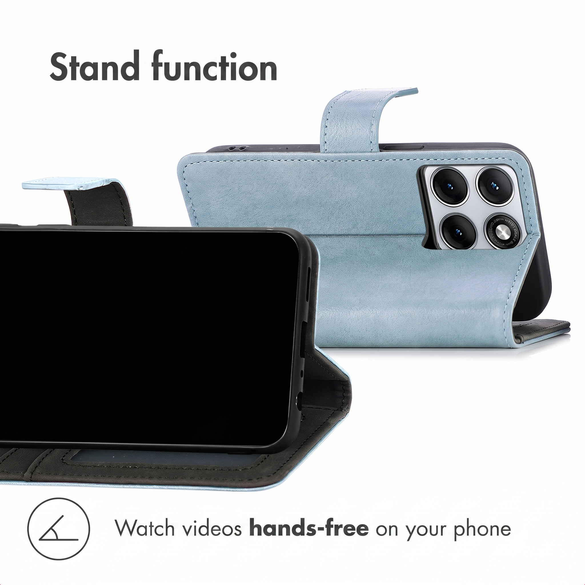 Light blue flip phone case with stand function for hands-free video viewing.