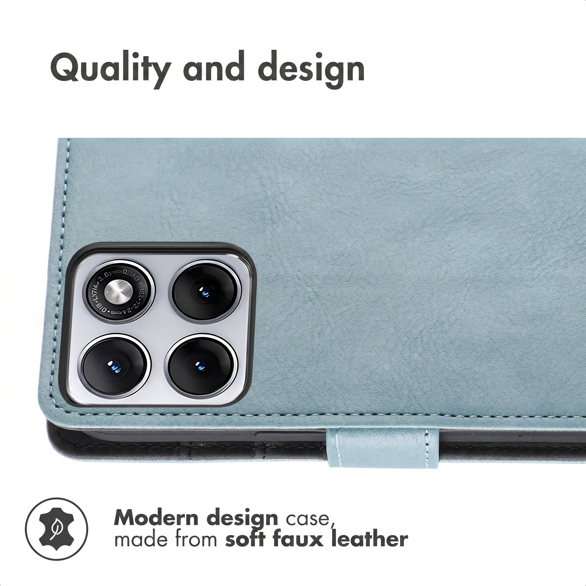 A light blue faux leather phone case featuring a square camera cutout with four lenses.