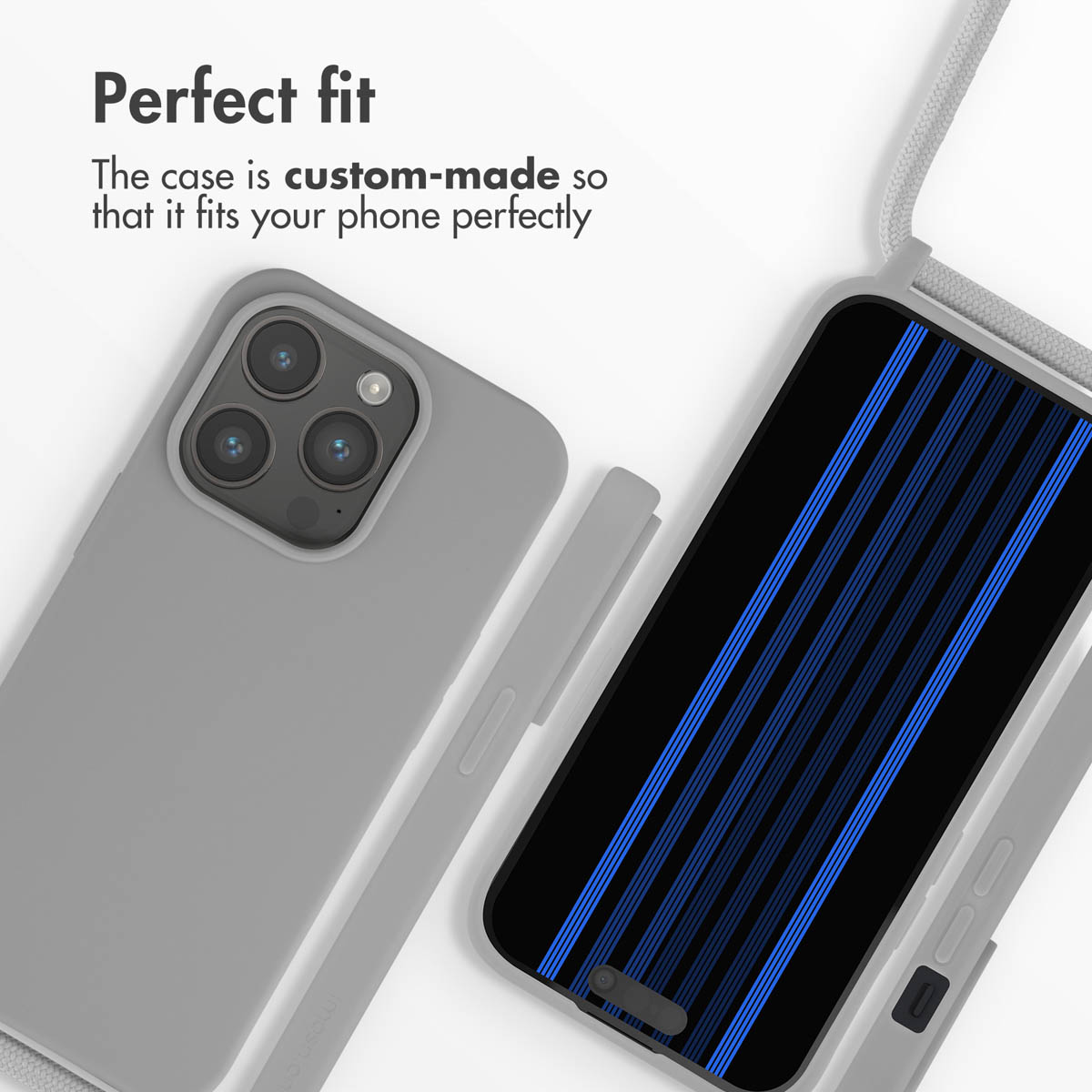 Una funda de móvil gris con correa y un smartphone con rayas azules en pantalla.