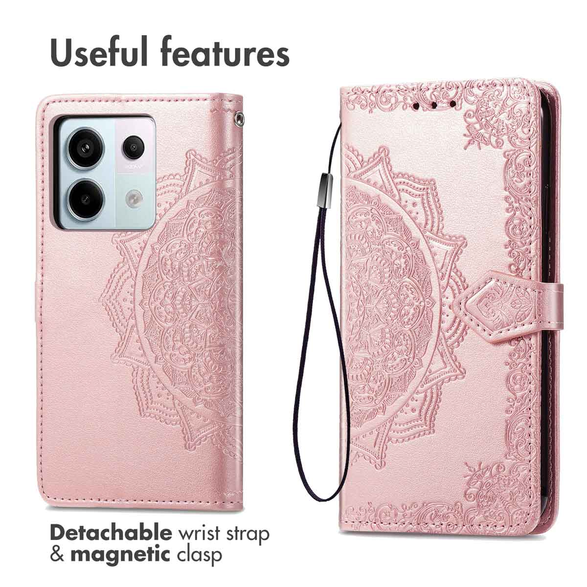 Custodia in pelle rosa con rilievo floreale, laccetto e chiusura magnetica.