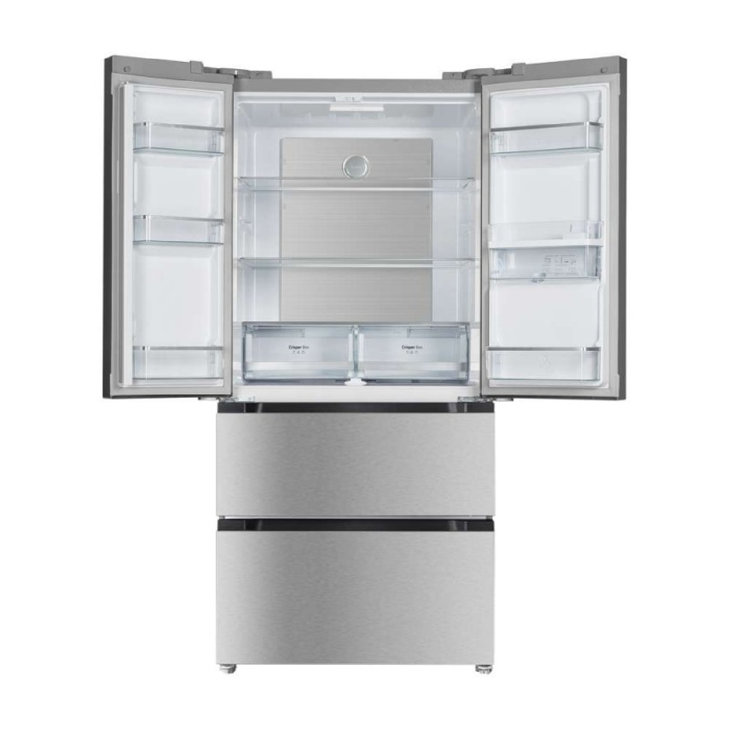 Un refrigerador plateado abierto con puertas dobles arriba y dos cajones de congelador abajo.