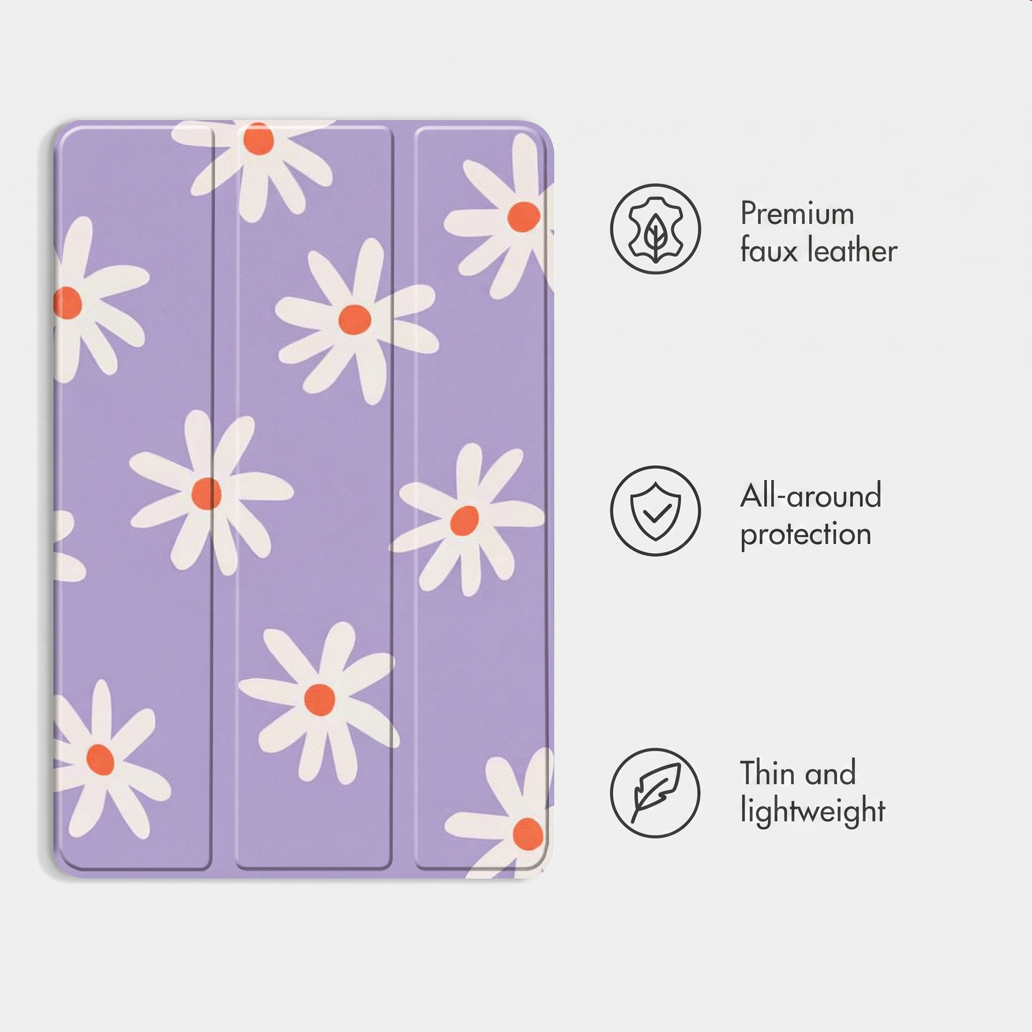 Étui de tablette violet avec marguerites blanches et trois icônes de fonctionnalités à droite.