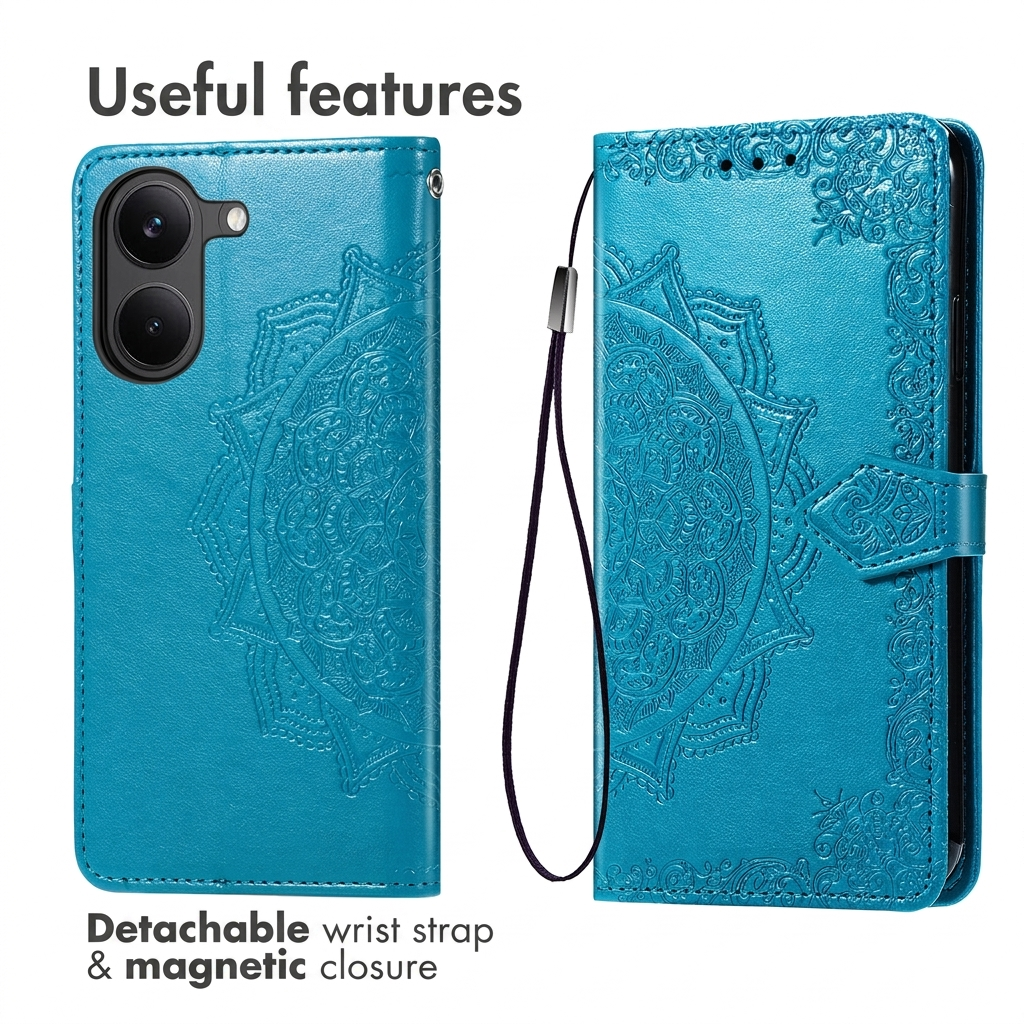 Étui de téléphone en cuir bleu gaufré avec motif mandala, dragonne et fermeture magnétique.
