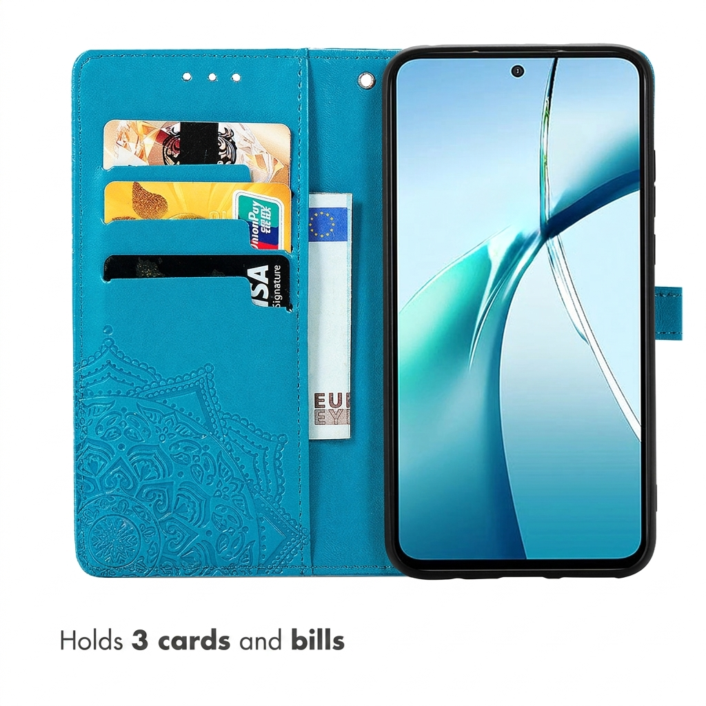 Étui portefeuille turquoise avec gaufrage mandala, trois fentes pour cartes et une poche à billets à côté d'un smartphone.