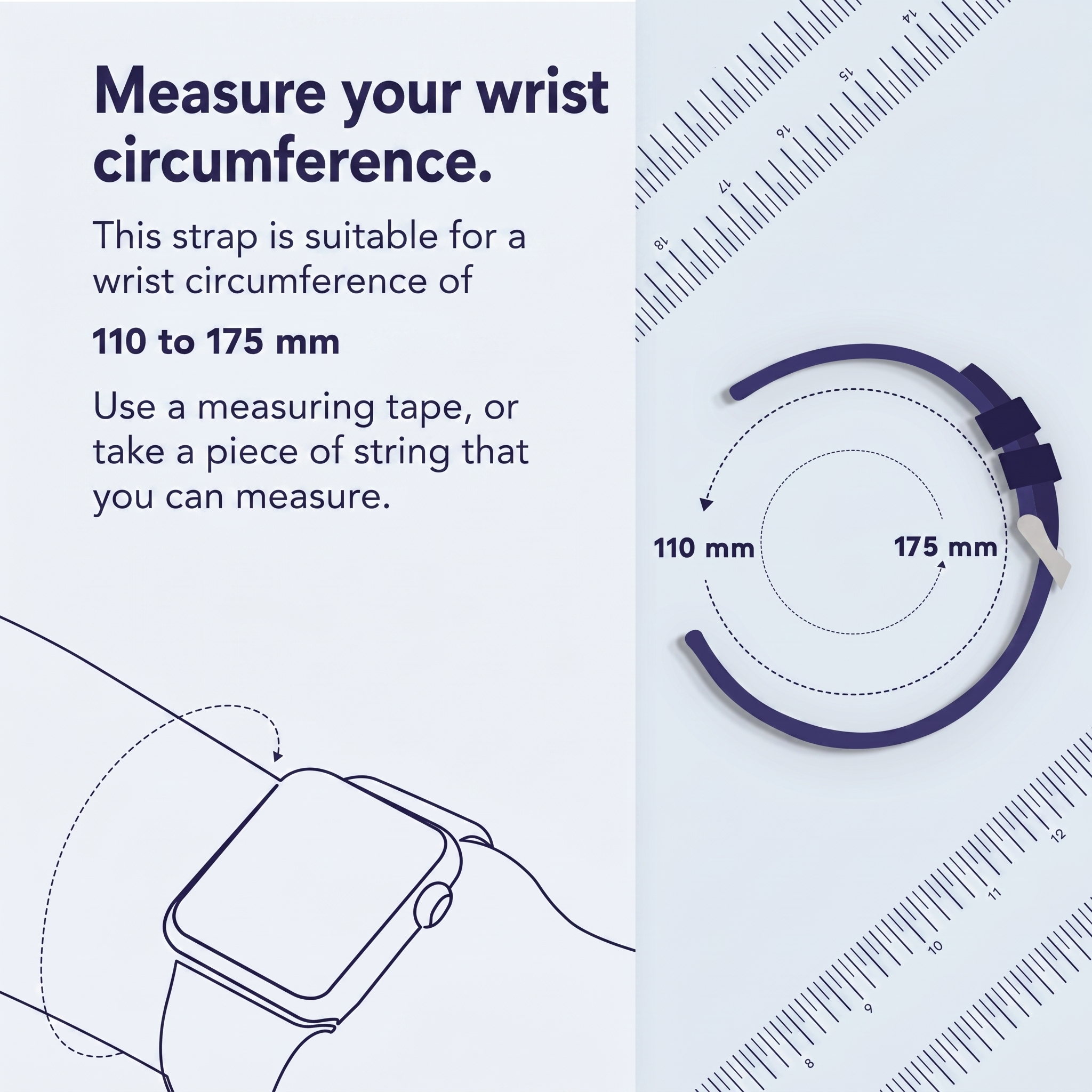 Guida per misurare la circonferenza del polso da 110 a 175 mm per un cinturino, con righello e illustrazioni.