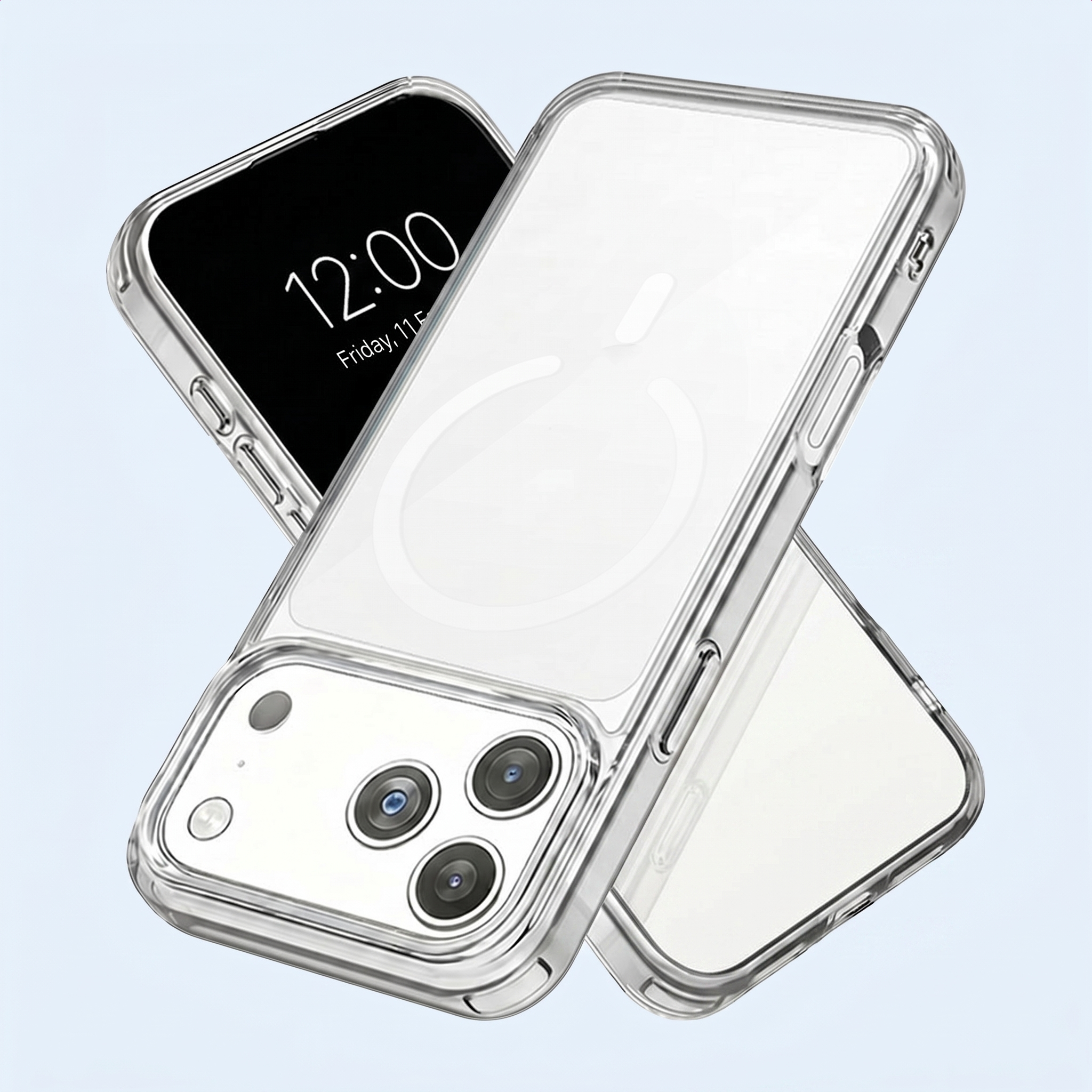 Zwei Smartphones mit durchsichtigen Hüllen zeigen die Rückseite mit Kameralinsen und den Frontbildschirm vor blauem Hintergrund.